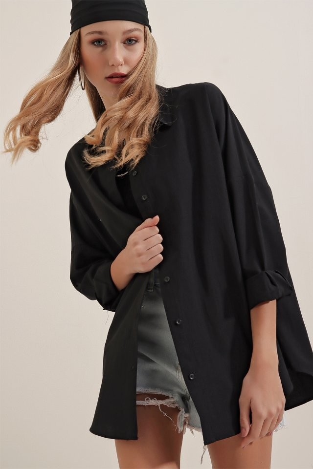 3900 Oversize Uzun Basic Gömlek - Siyah
