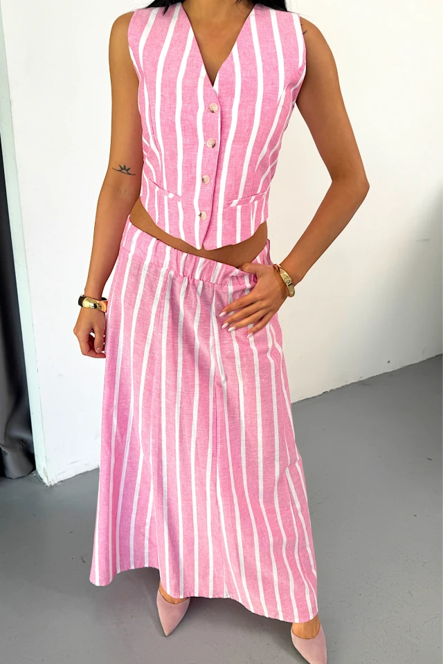 KETEN ÇİZGİLİ YELEK - UZUN ETEK TAKIM - Pembe