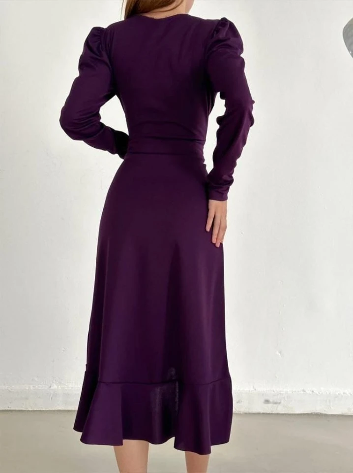 Krep Kumaş Midi Boy Kuşaklı Uzunkol Elbise