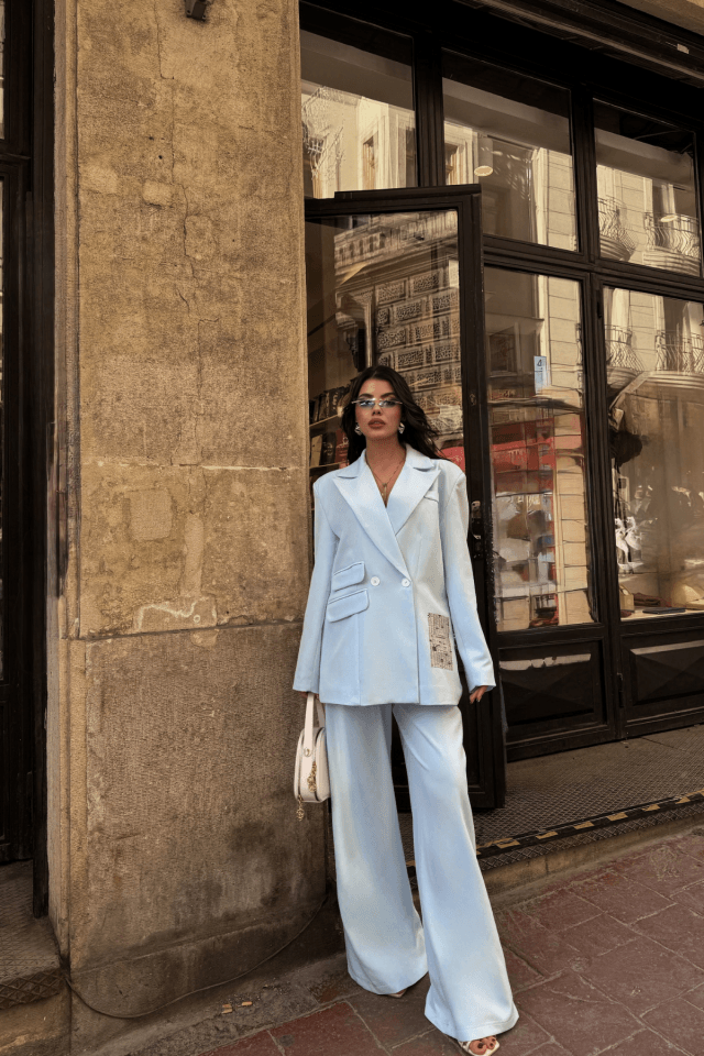 TASARIM ETİKET DETAYLI CEKET - PANTOLON TAKIM - Bebe Mavi