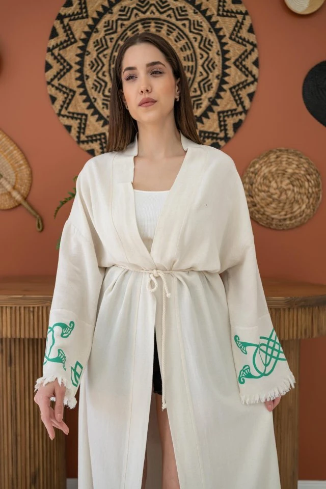 Yeşil Baskı Detay Keten Hırka