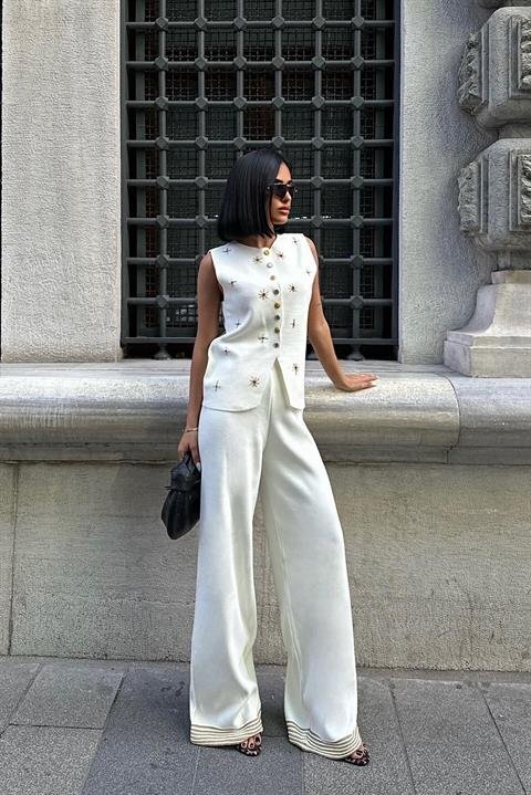 Paulo Gold Düğmeli Yelek Pantolon Takım 9976