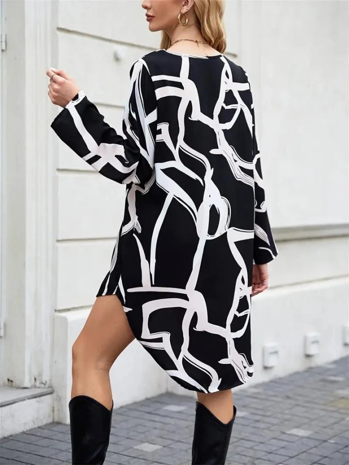 Kadın Uzun Kollu V Yakalı Desenli Dalgıç Elbise