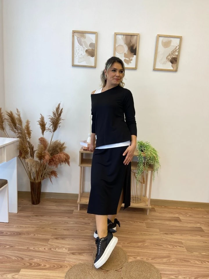 Kadın Uzun Kollu Tek Omuzu Açık Viskon Bluz Içi Atletli Ve Yandan şeritli üçlü Viskon Ikili Takım