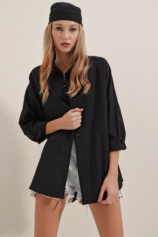 3900 Oversize Uzun Basic Gömlek - Siyah