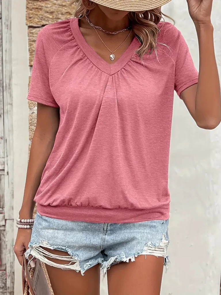 Kadın Kısa Kollu V Yakalı Büzgü Detaylı Viskon Bluz