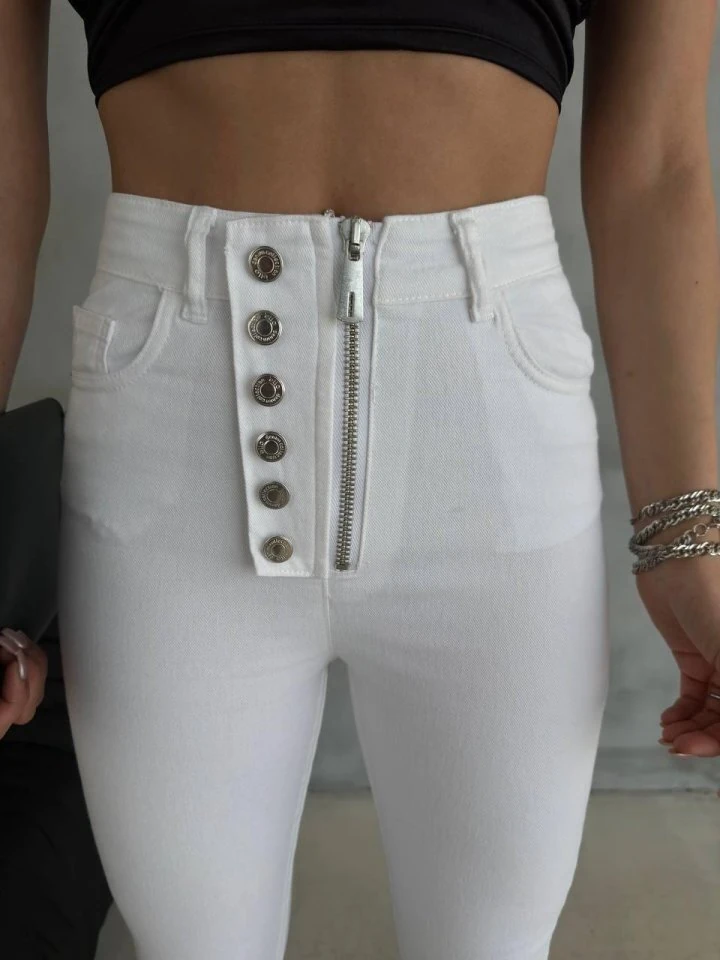 DÜĞME VE FERMUARLI KOT PANTOLON - Beyaz