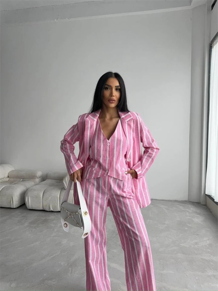 ÇİZGİLİ KETEN YELEK-PANTOLON TAKIM - Pembe