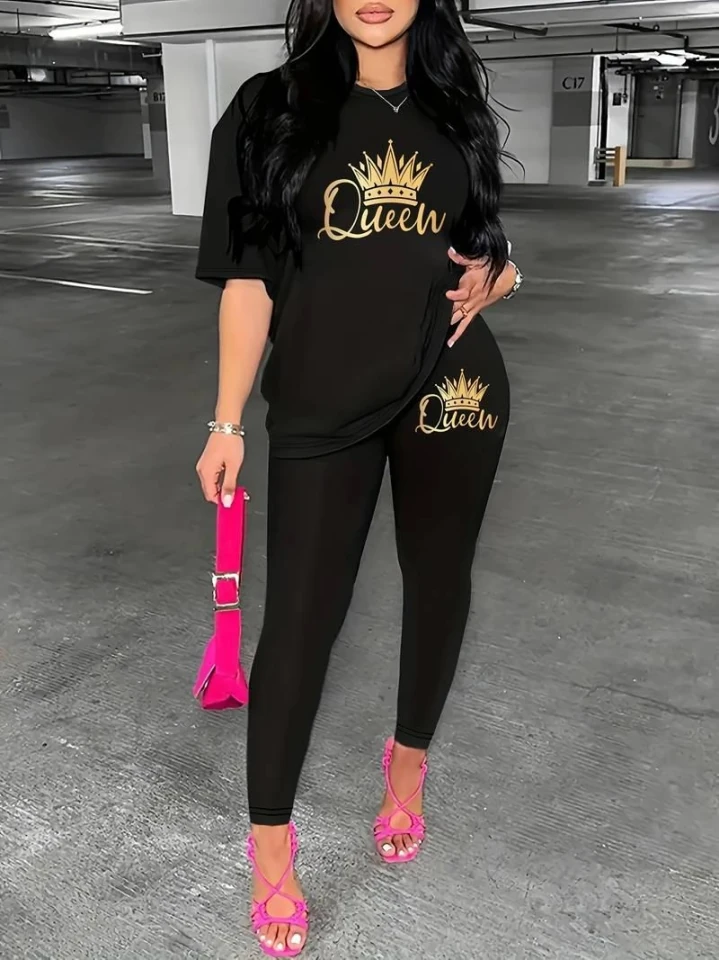 Kadın Kısa Kollu Queen Baskı Viskon Ikili Takım