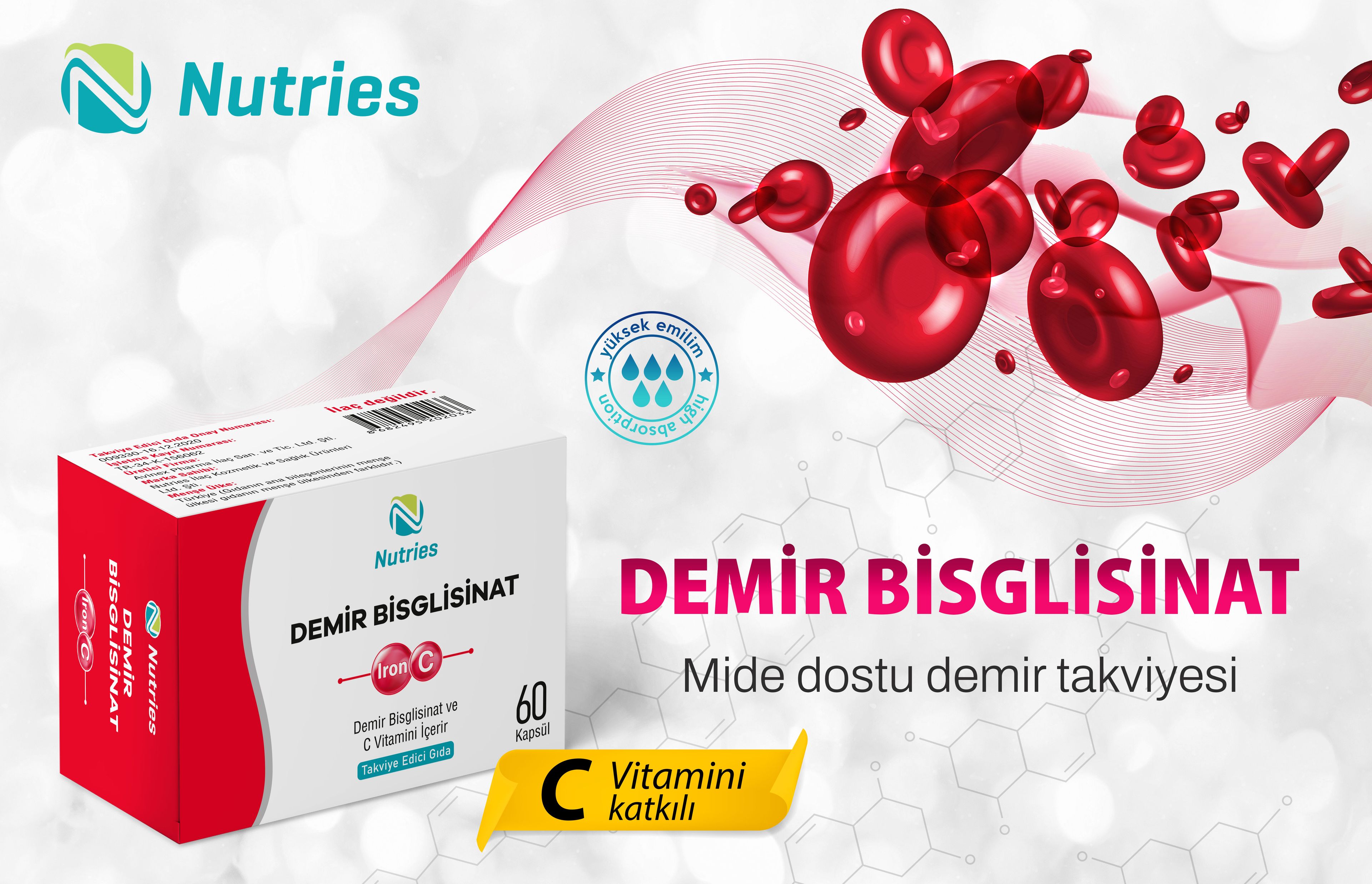 Nutries Demir Biglisinat C Vitamini 30 Tablet 3'lü 