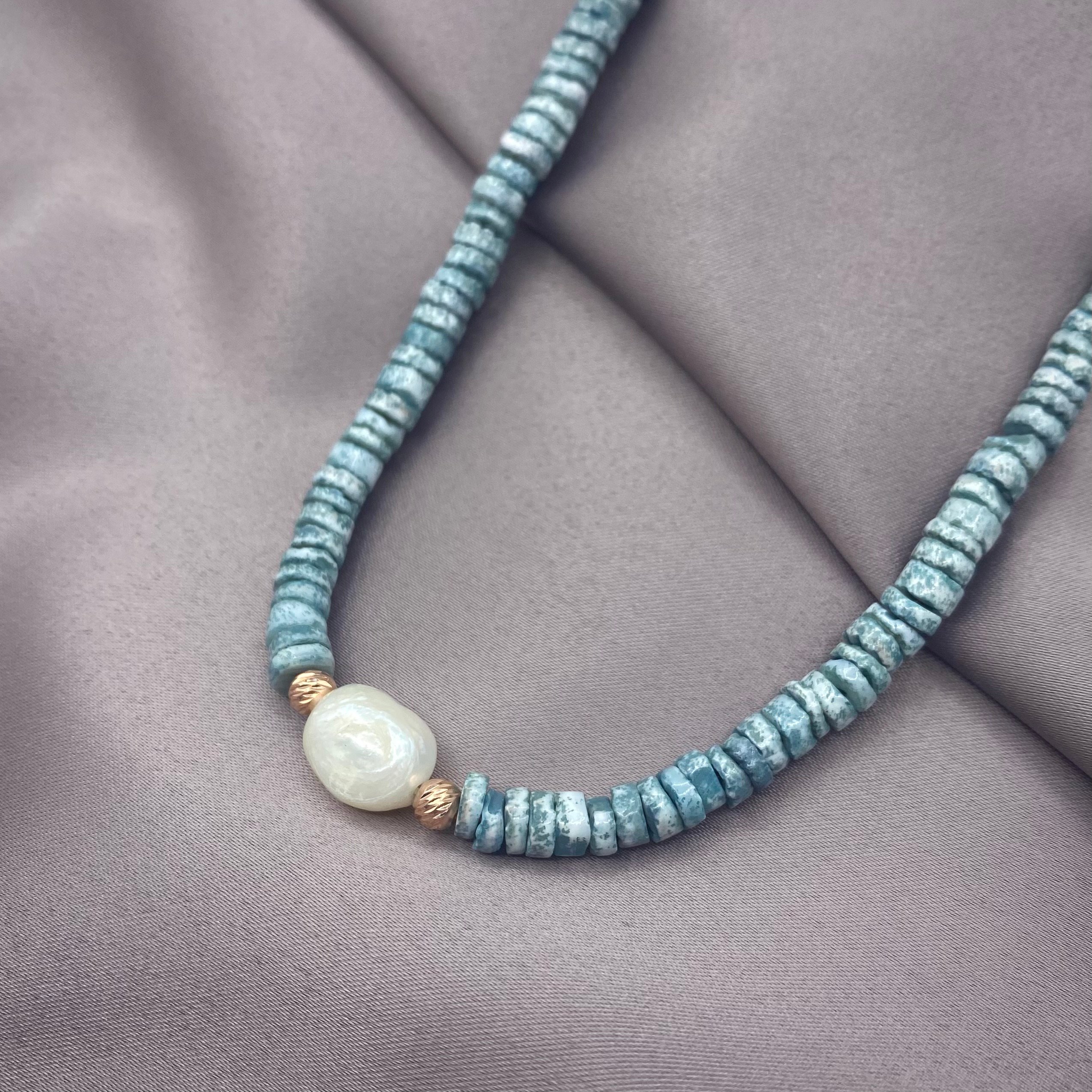 Blue Natural Stone Pearl Necklace - Rose Gold