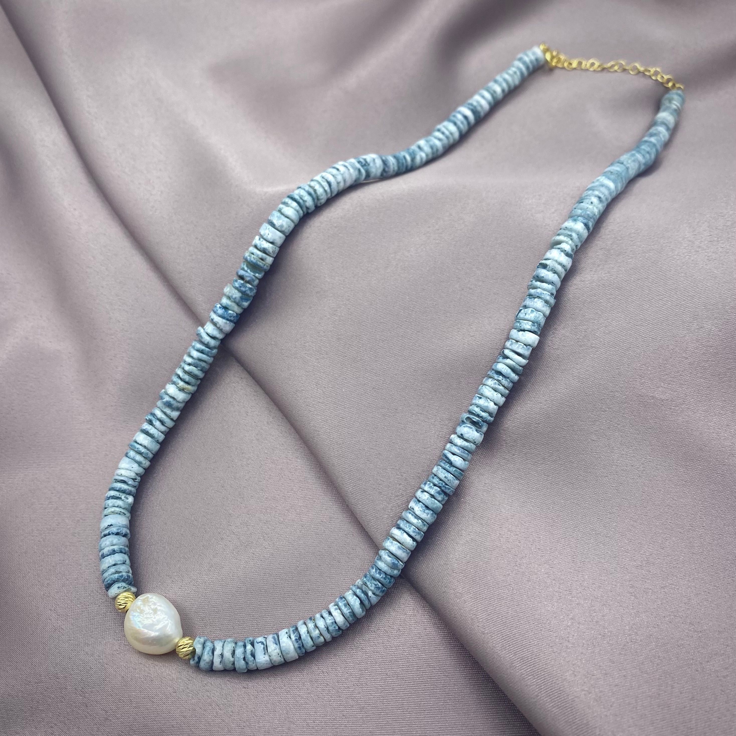 Blue Natural Stone Pearl Necklace - Gold