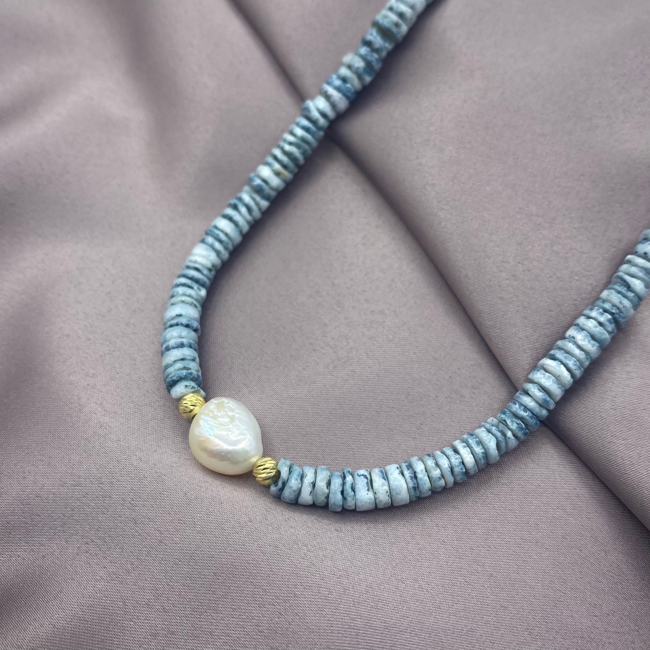 Blue Natural Stone Pearl Necklace - Gold