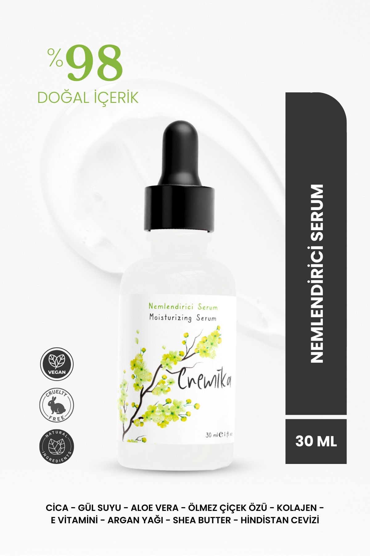 Cica Yüz Serumu, Bariyer Güçlendirici, Kırışıklık Karşıtı, Kolajen, Gül, Jojoba, Aloe Vera