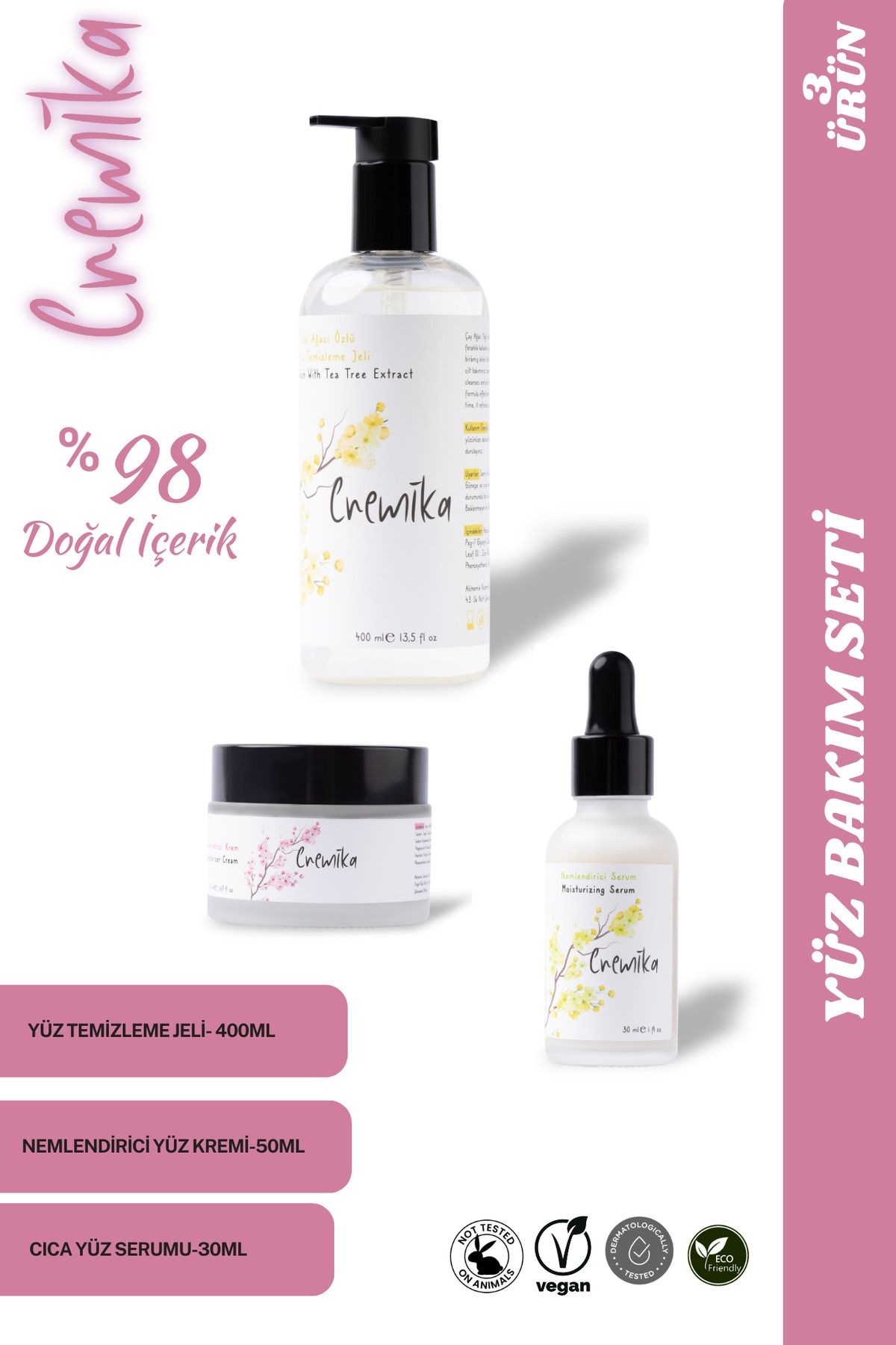Cremika 3’lü Yüz Bakım Seti-Çay Ağacı Temizleme Jeli,Ölmez Çiçek Serum,Niacinamide Nemlendirici Krem