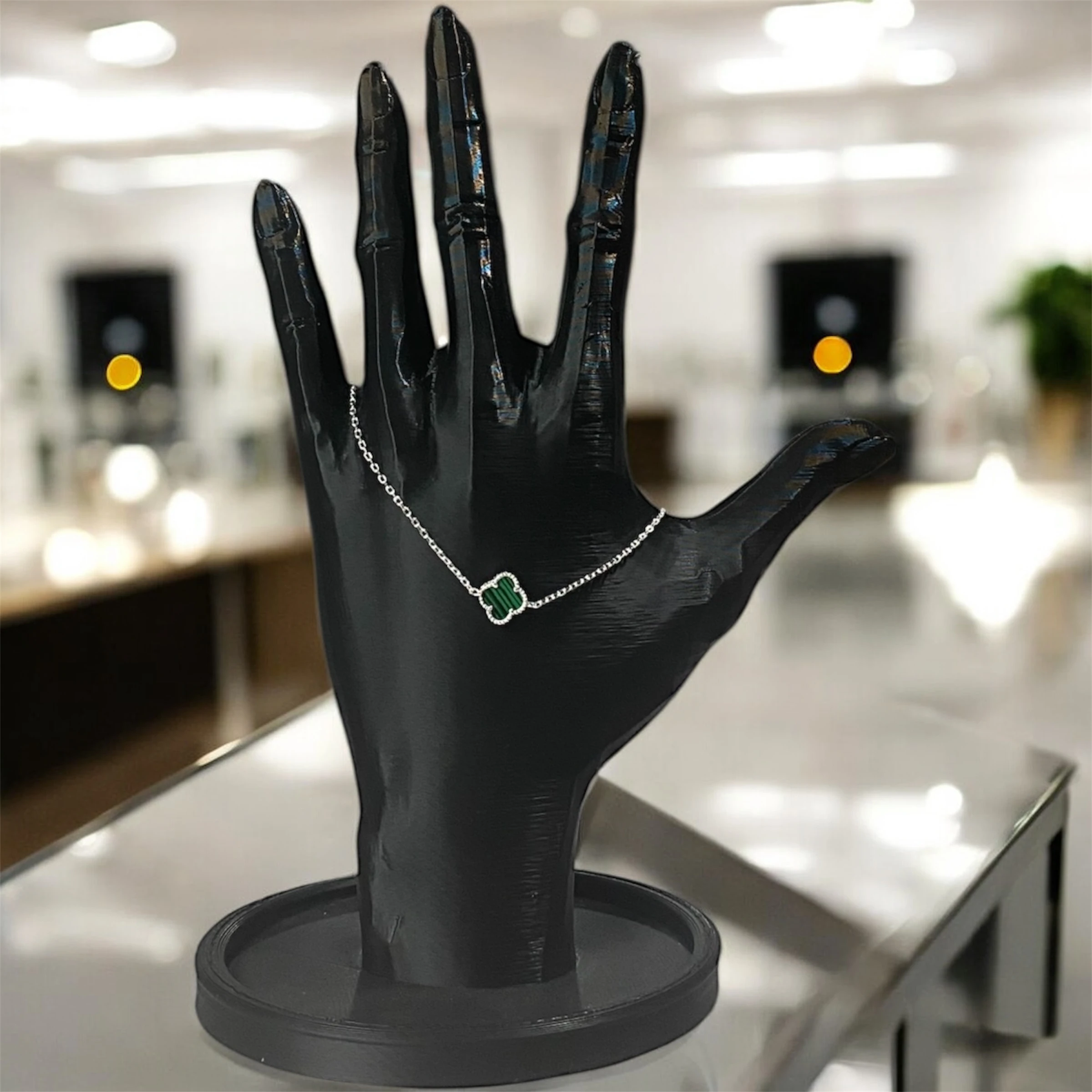 925 Ayar Gümüş Malakit Taşlı Tekli Şanslı Yonca Van Cleef Bileklik