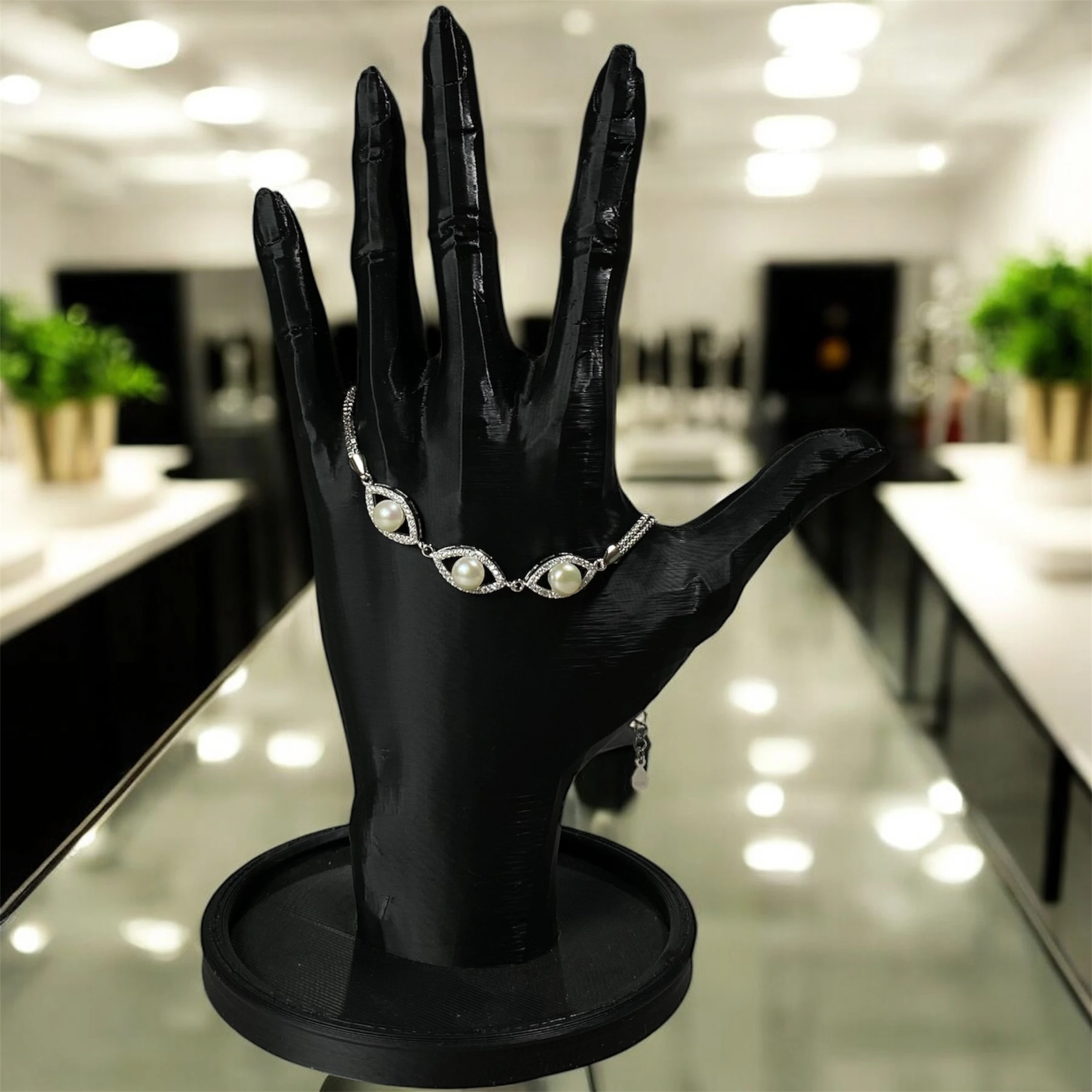 925 Ayar Gümüş İnci Zirkon Taş Detaylı Kadın Bileklik