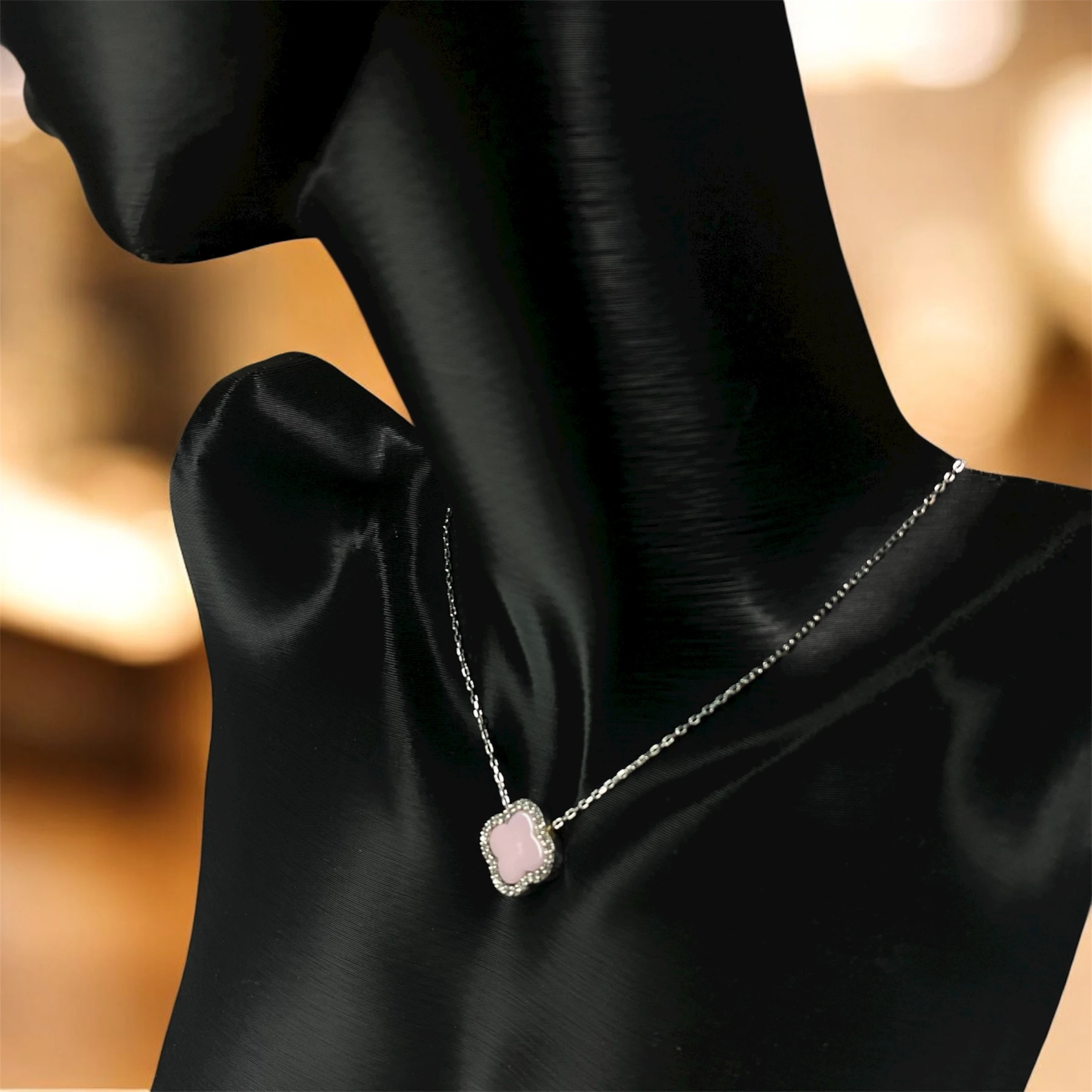 925 Ayar Gümüş Toz PembeTaşlı Şans Yoncası Van Cleef Zirkon Taşlı Kolye Kadın Takı