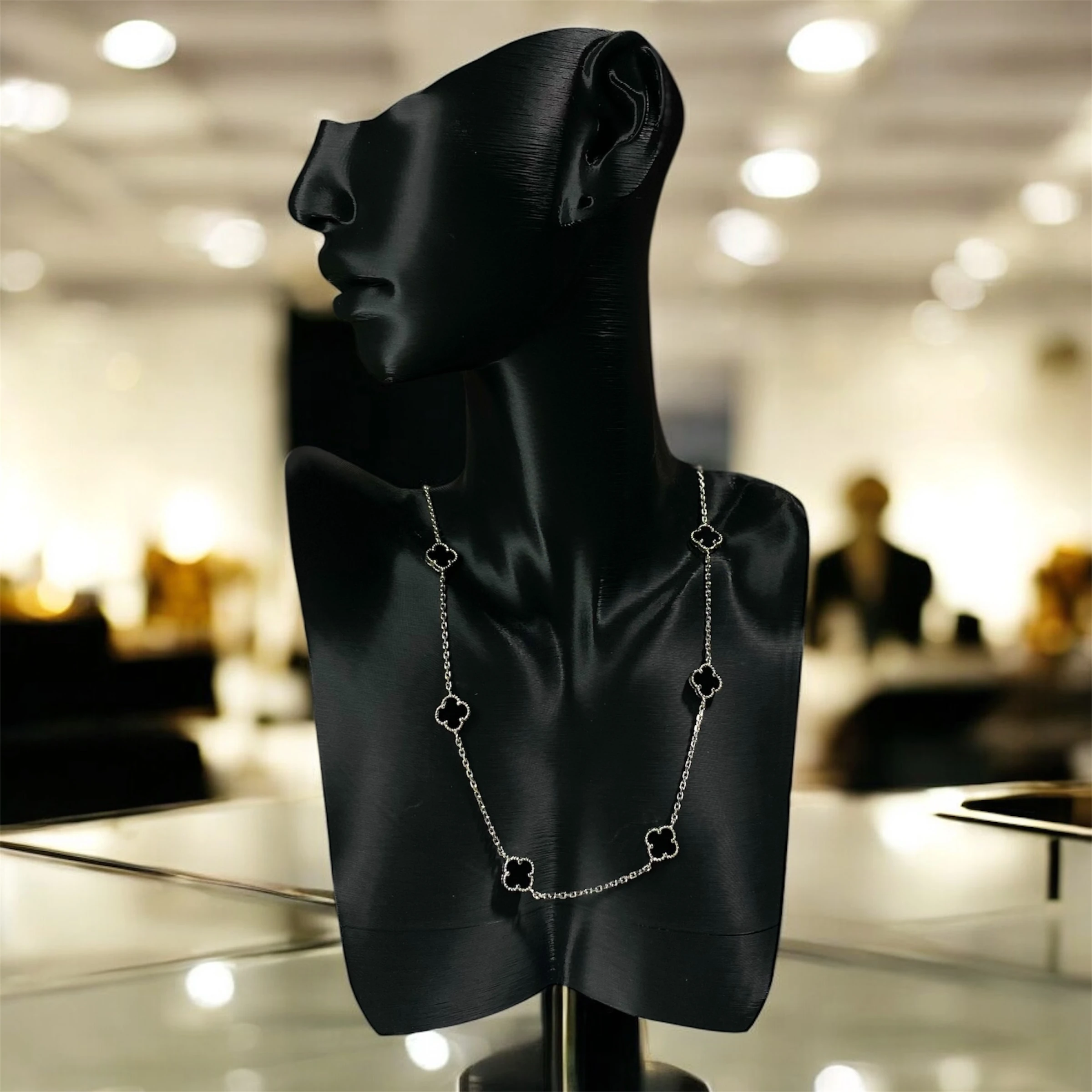 925 Ayar Gümüş Siyah Taşlı Şans Yoncası Van Cleef  Kolye Kadın Takı