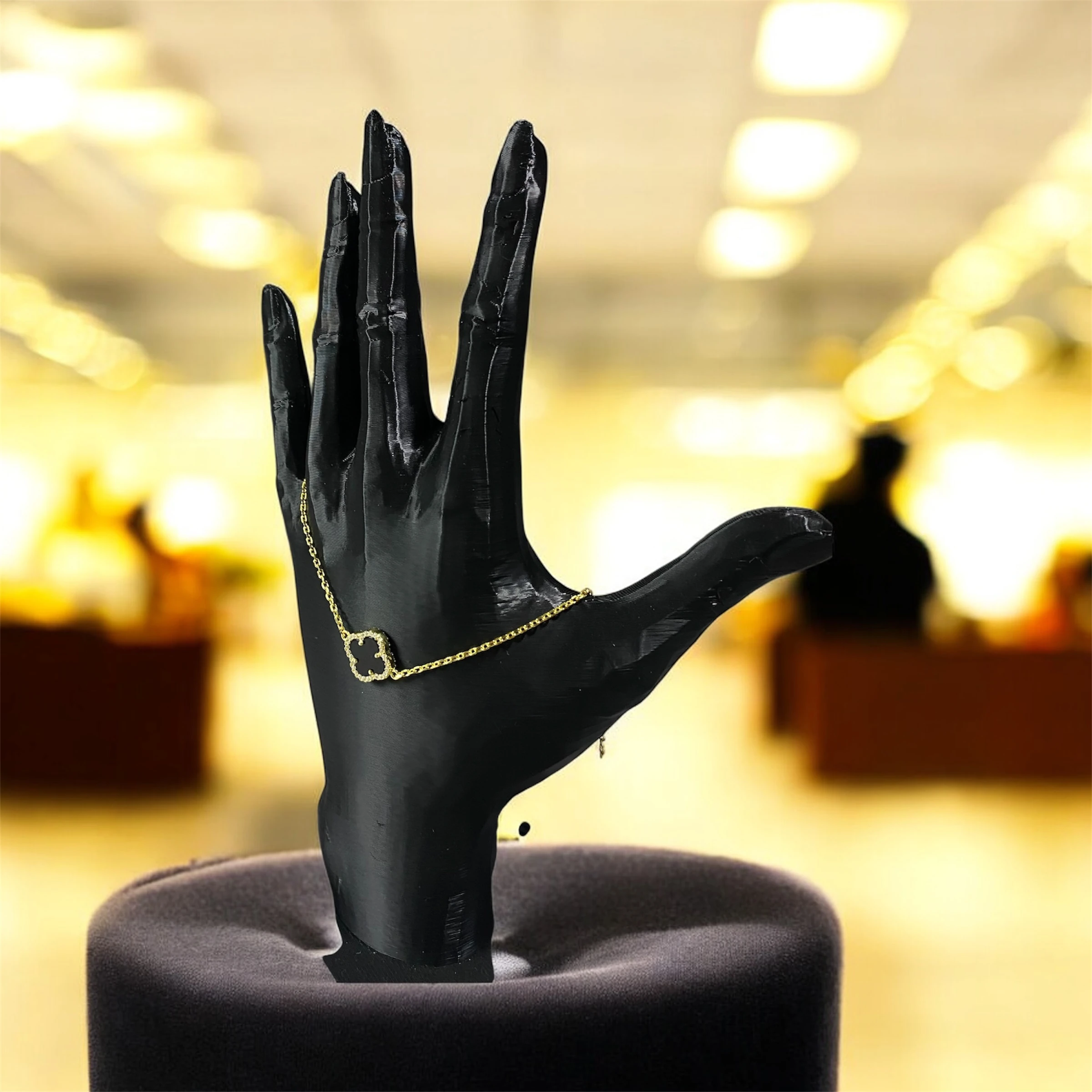 925 Ayar Gümüş Altın Kaplama Siyah Taşlı Şanslı Yonca Van Cleef Bileklik