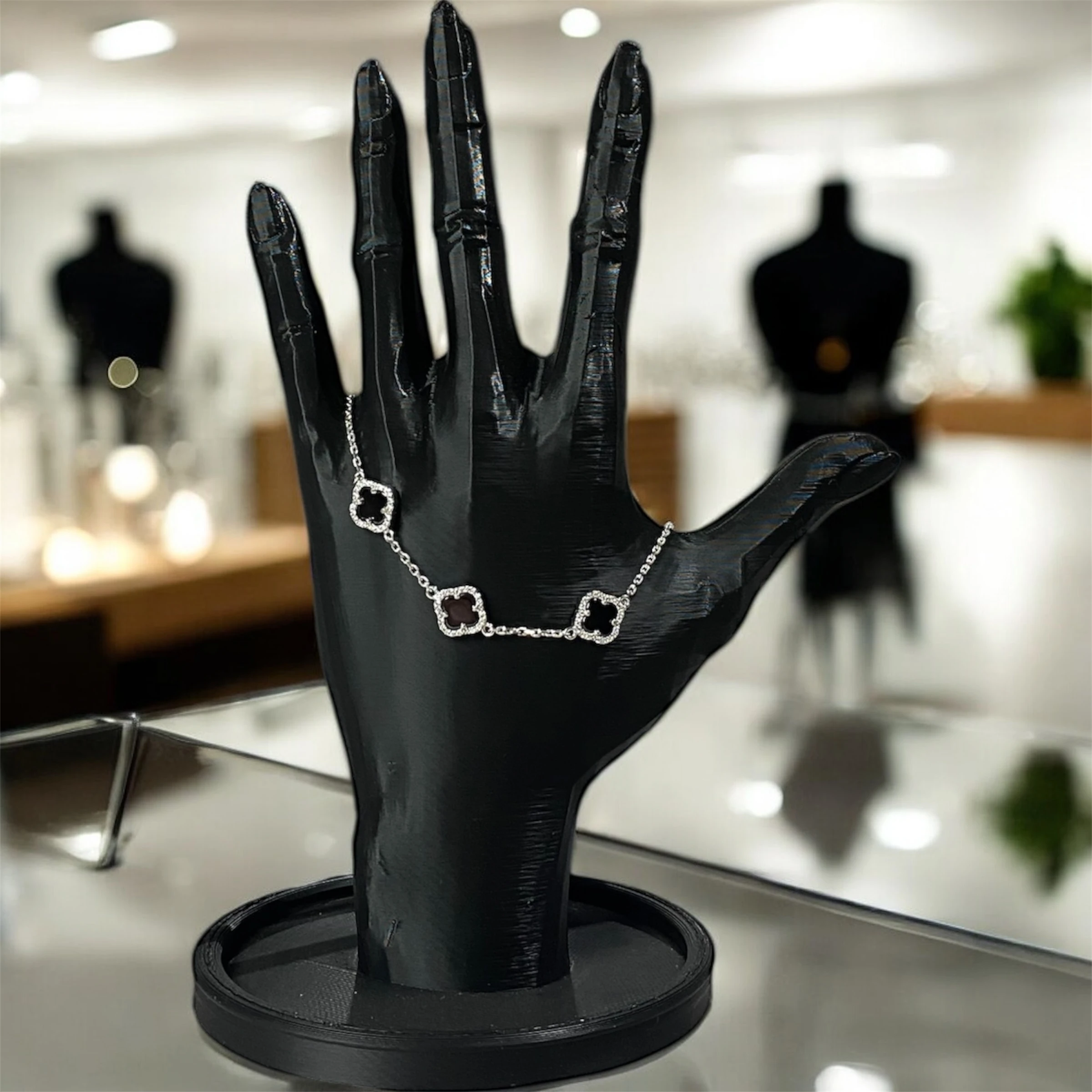 925 Ayar Gümüş  Siyah Taşlı Şanslı Yonca Van Cleef Zirkon Taşlı Bileklik