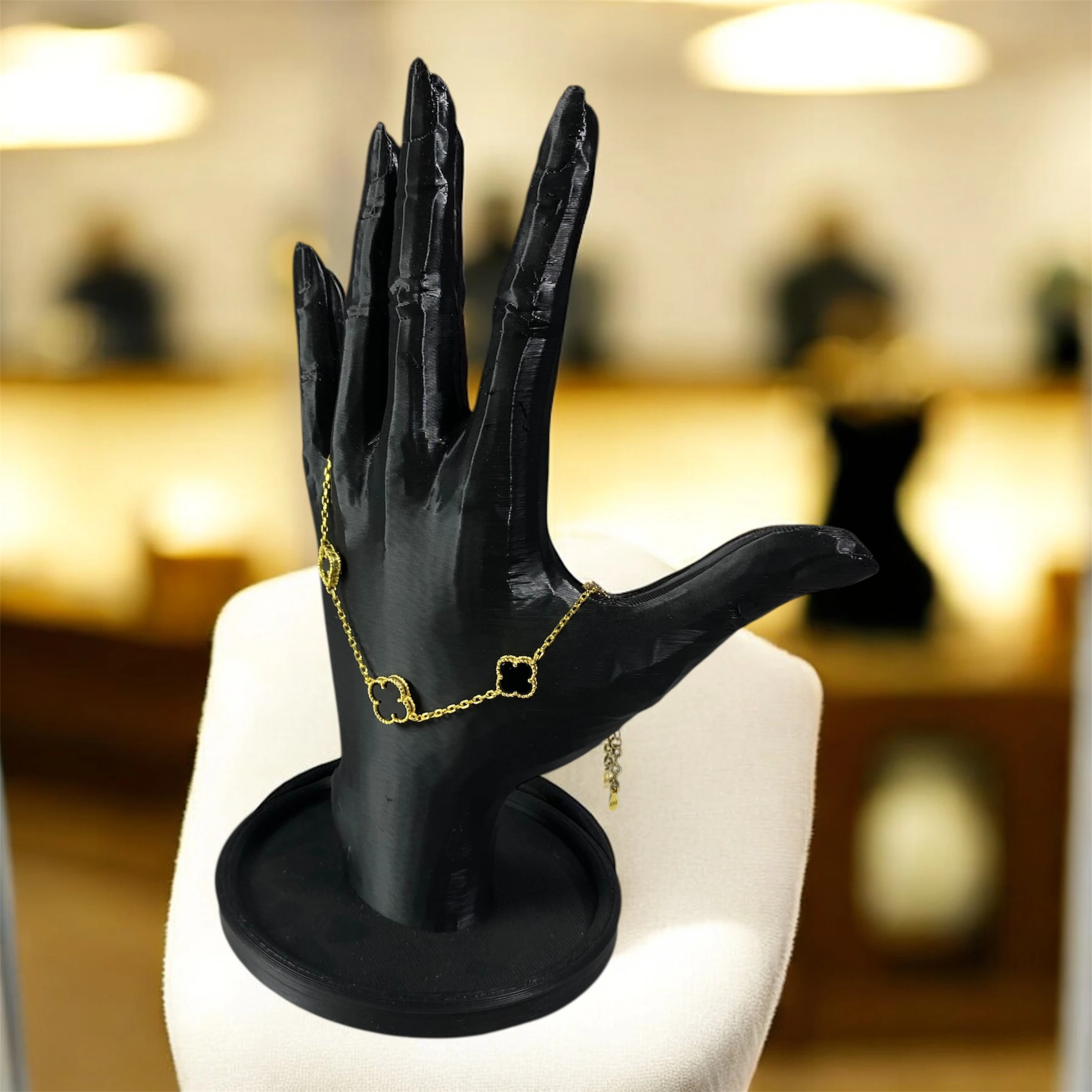 925 Ayar Gümüş Altın Kaplama Siyah Taşlı Şanslı Yonca Van Cleef Minimal Bileklik