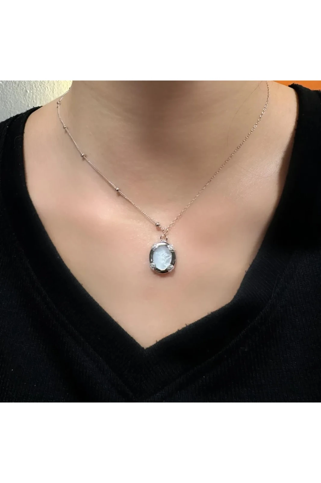 925 Ayar Gümüş Sedef Taşlı Kalp Medalyon Hayalet Kolye