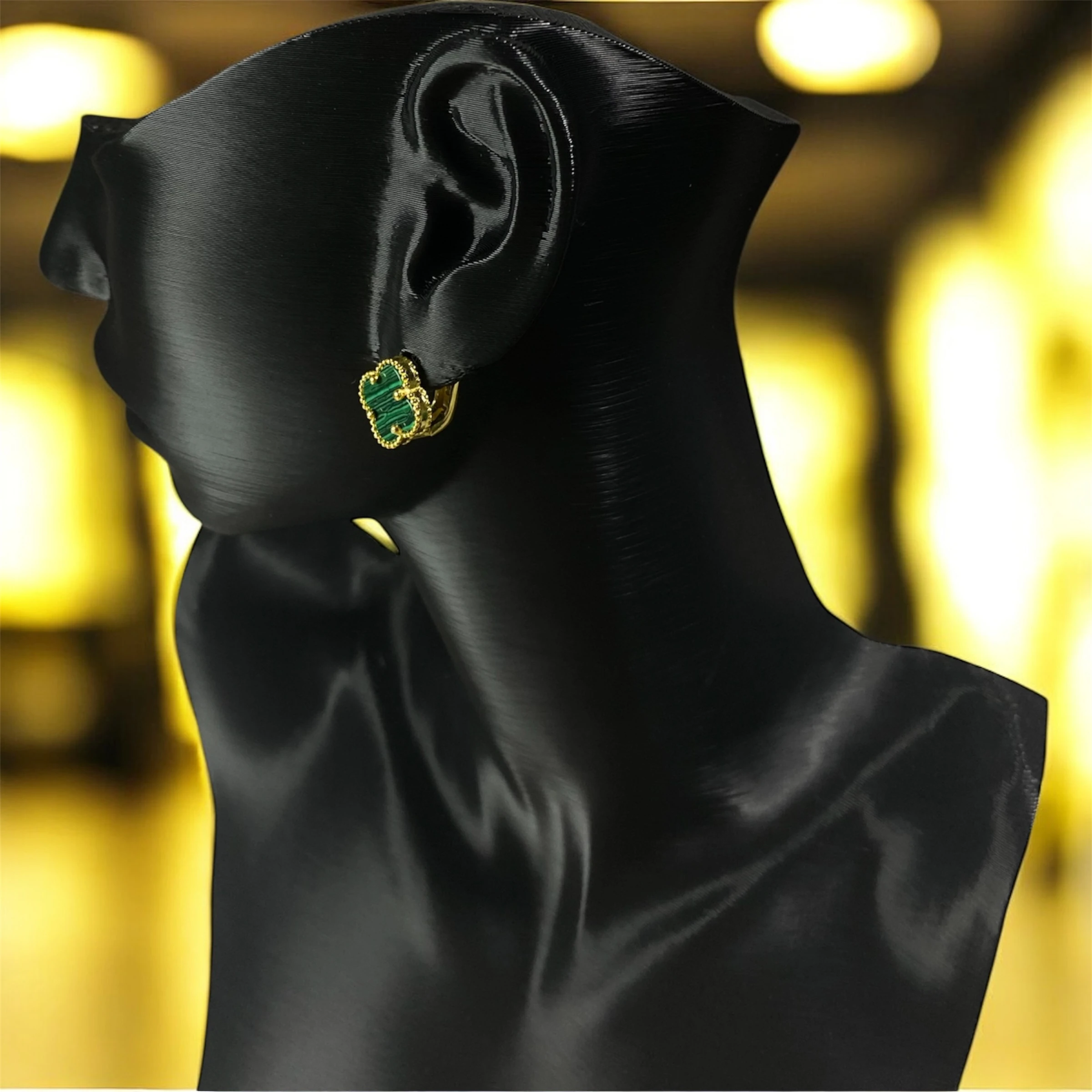 925 Ayar Gümüş Altın Kaplama Malahit Taşlı Şanslı Yonca Van Cleef Küpe