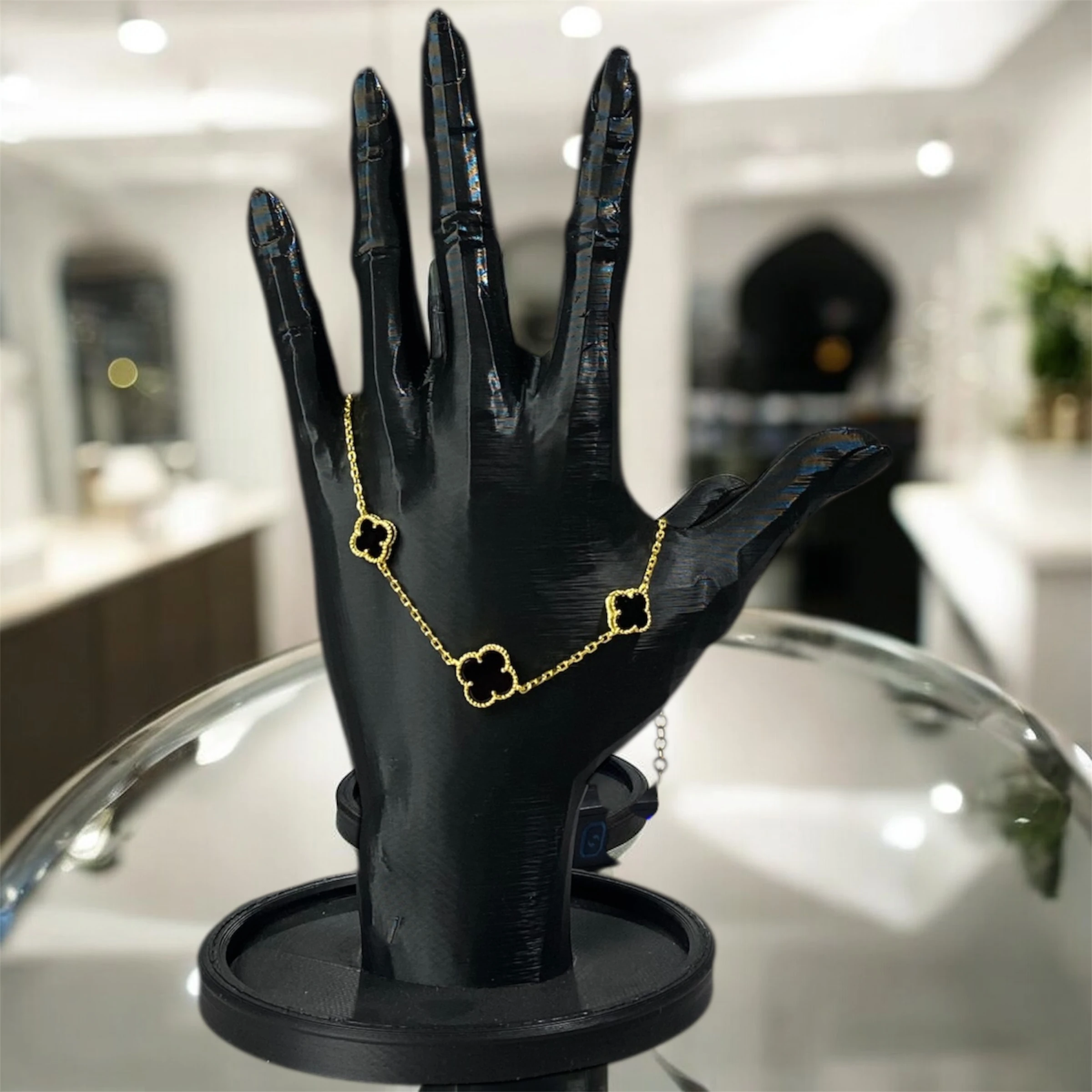 925 Ayar Gümüş Altın Kaplama Siyah Taşlı Şanslı Yonca Van Cleef Minimal Bileklik