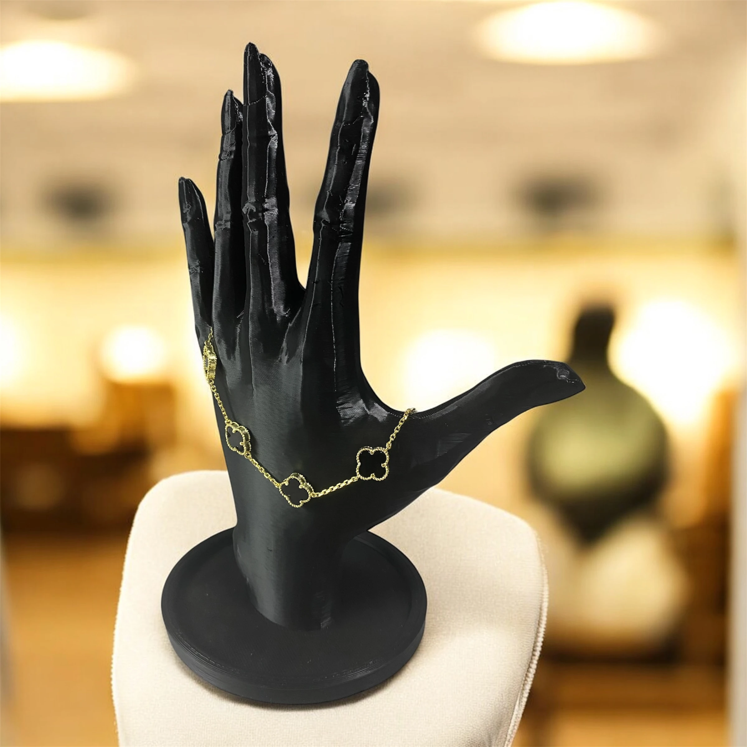 925 Ayar Gümüş Altın Kaplama Siyah Taşlı Şanslı Yonca Van Cleef Bileklik