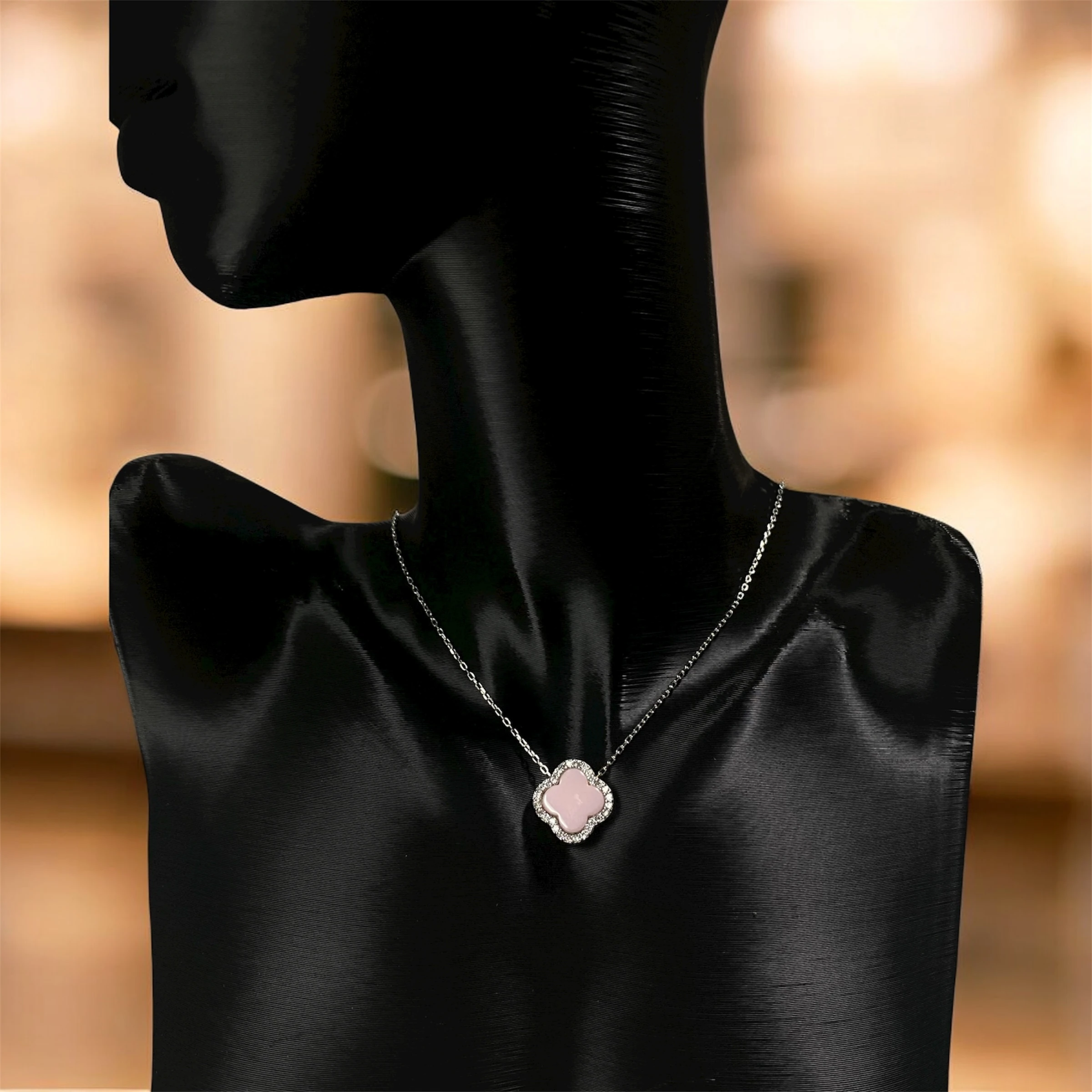 925 Ayar Gümüş Toz PembeTaşlı Şans Yoncası Van Cleef Zirkon Taşlı Kolye Kadın Takı