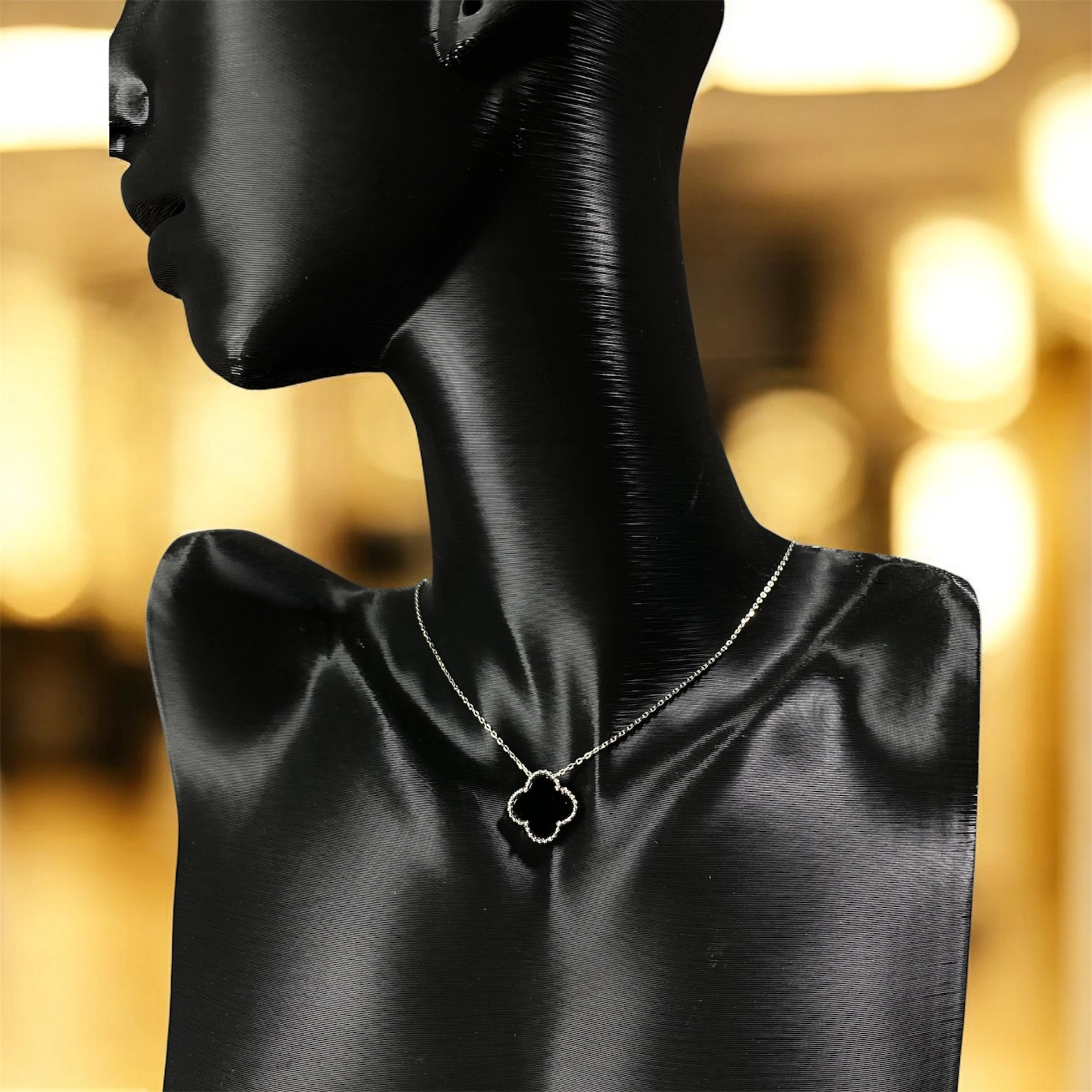 925 Ayar Gümüş Siyah Taşlı Şans Yoncası Van Cleef  Kolye Kadın Takı