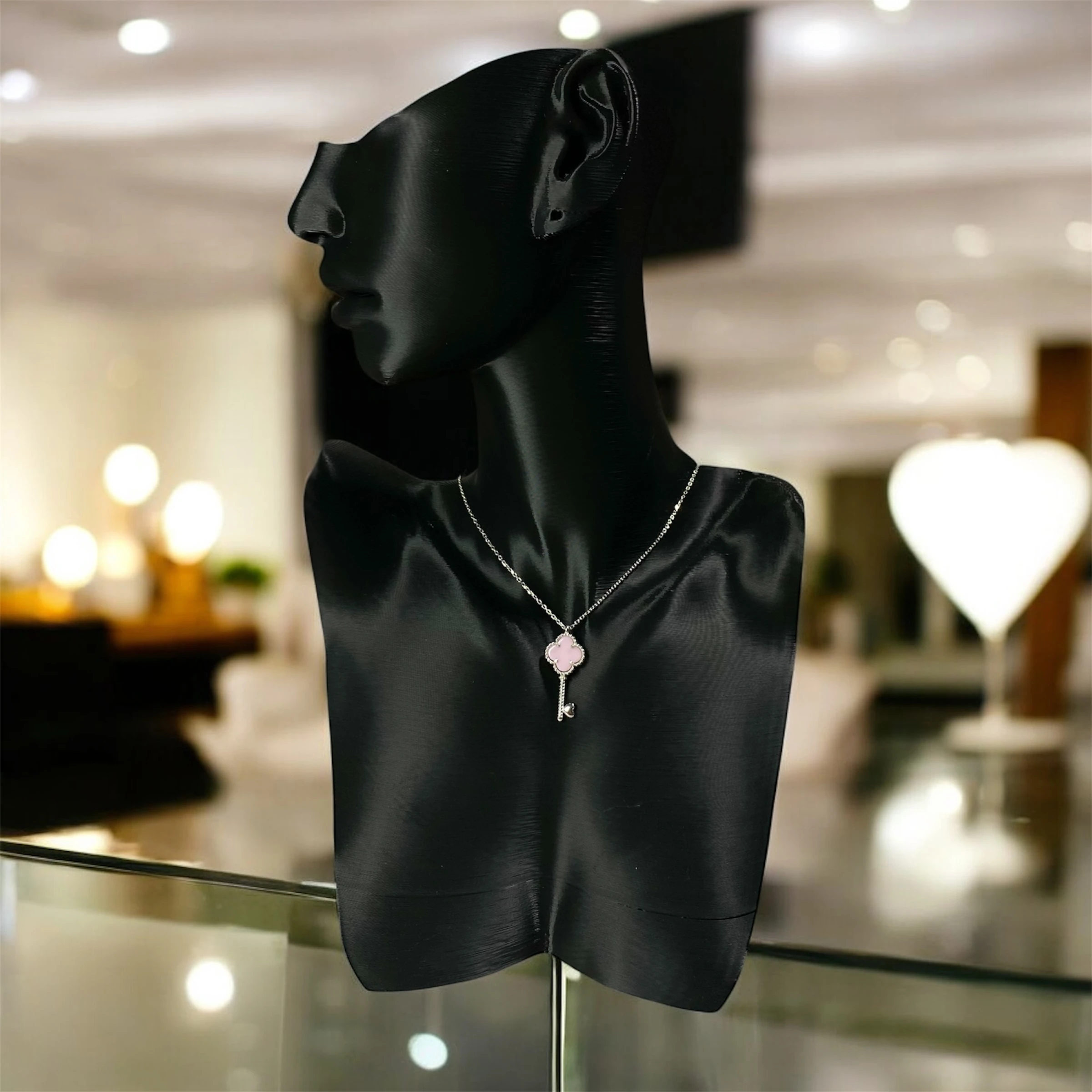 925 Ayar Gümüş Toz Pembe Taşlı Şans Yoncası Van Cleef Anahtar Kolye Kadın Takı