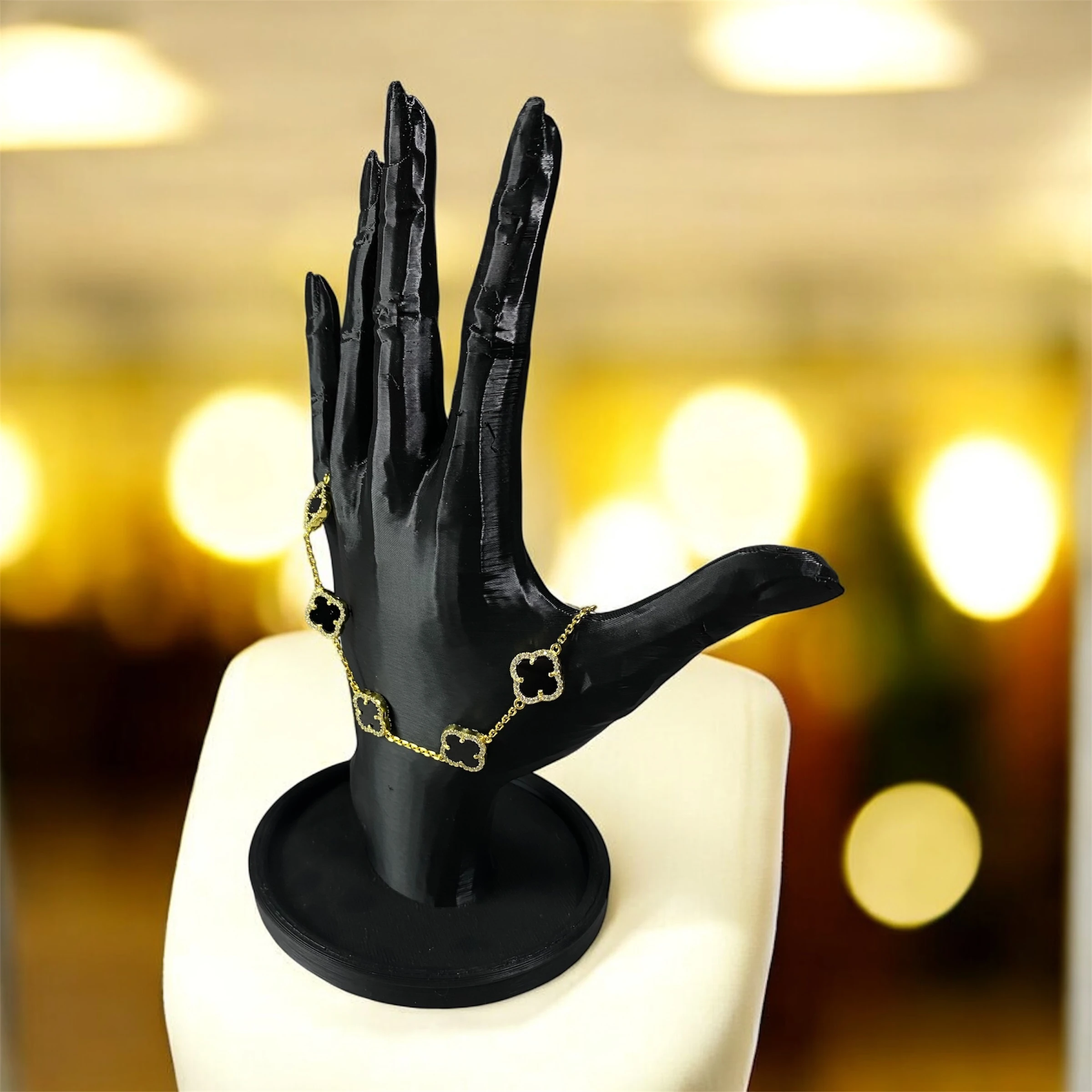 925 Ayar Gümüş Altın Kaplama Siyah Taşlı Şanslı Yonca Van Cleef Zirkon Taşlı Bileklik