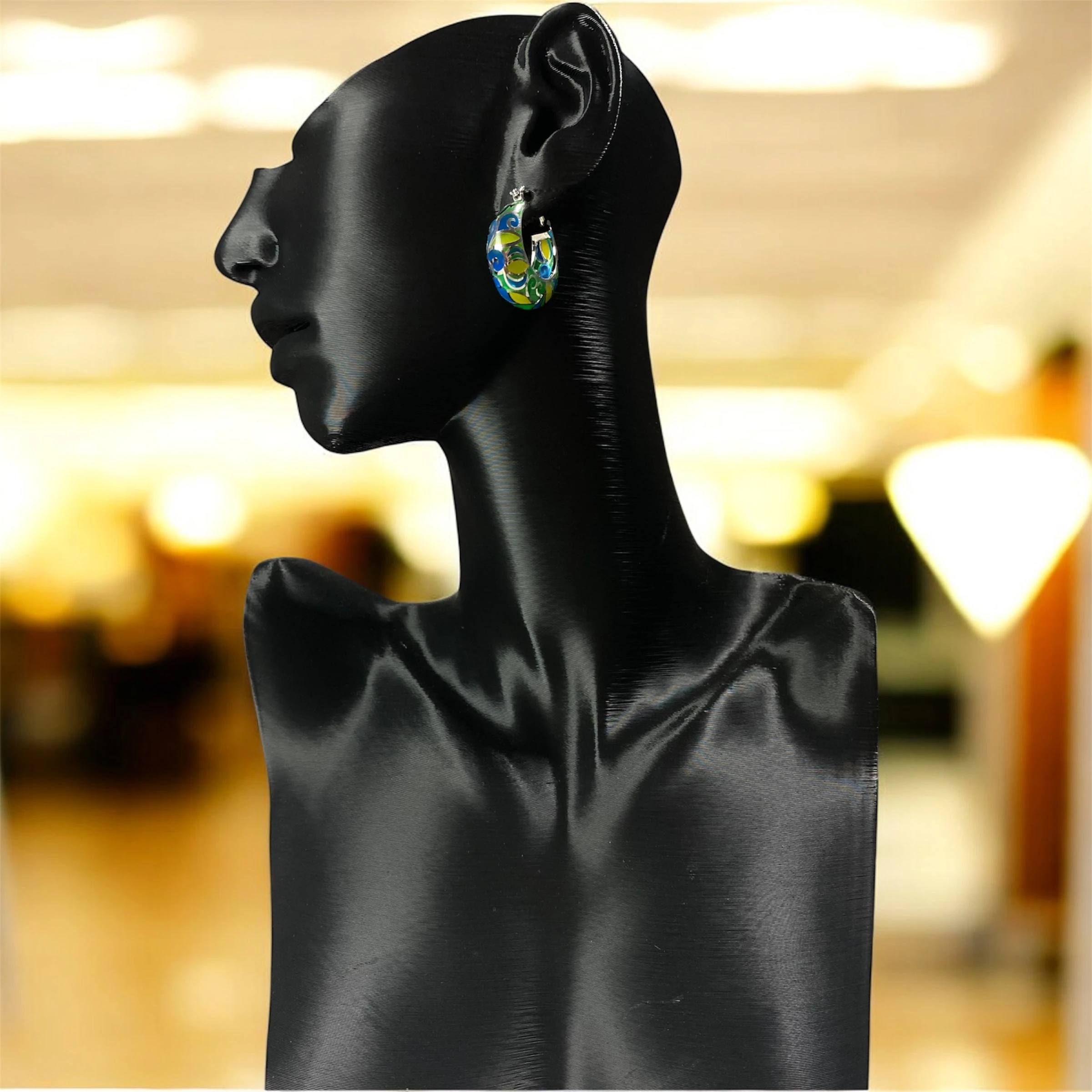 925 Ayar Gümüş Mavi, Yeşil, Sarı Renk Detaylı Halka Küpe