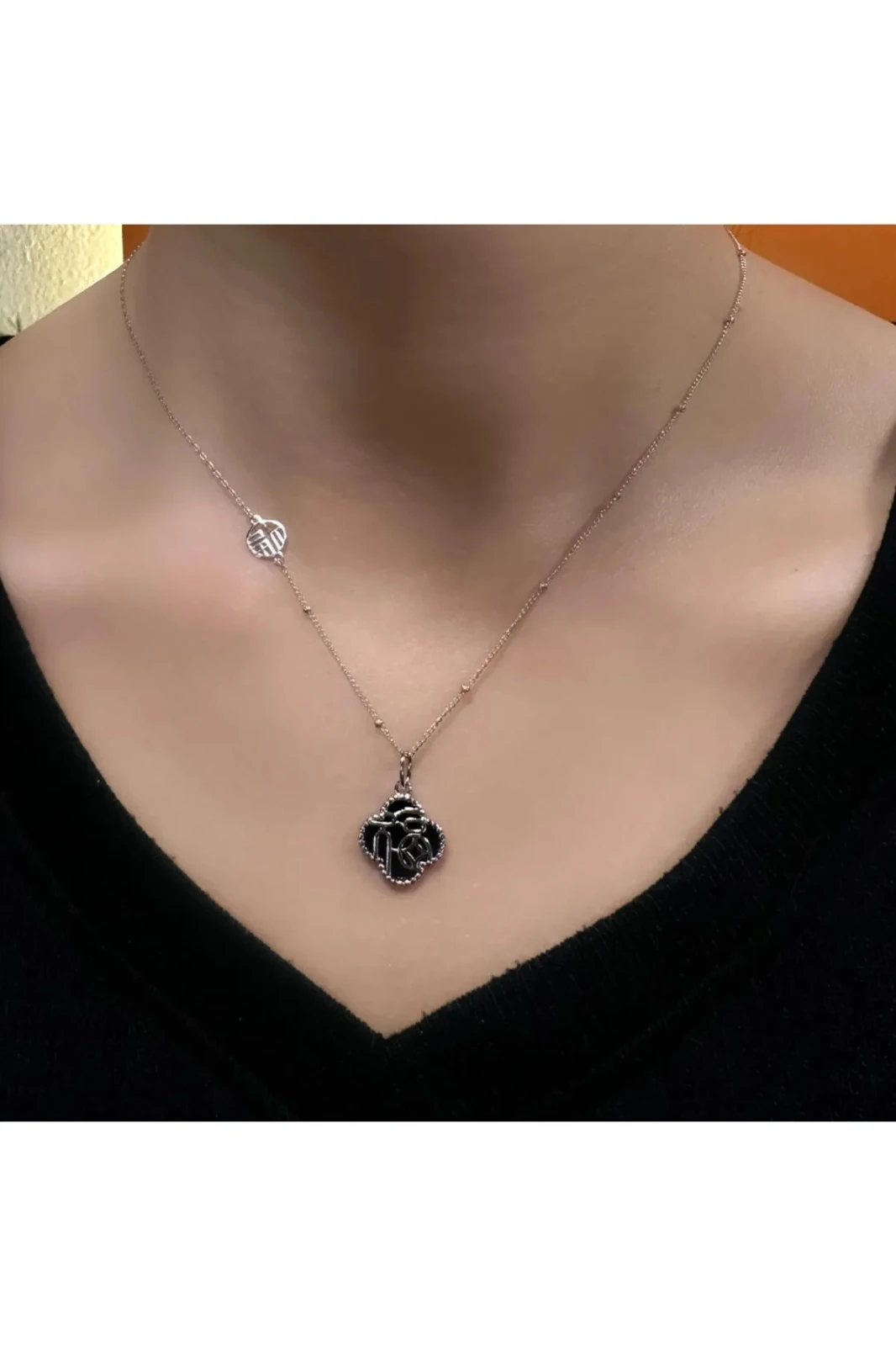 925 Ayar Gümüş Siyah Taşlı İthal Van Cleef Hayalet Kolye