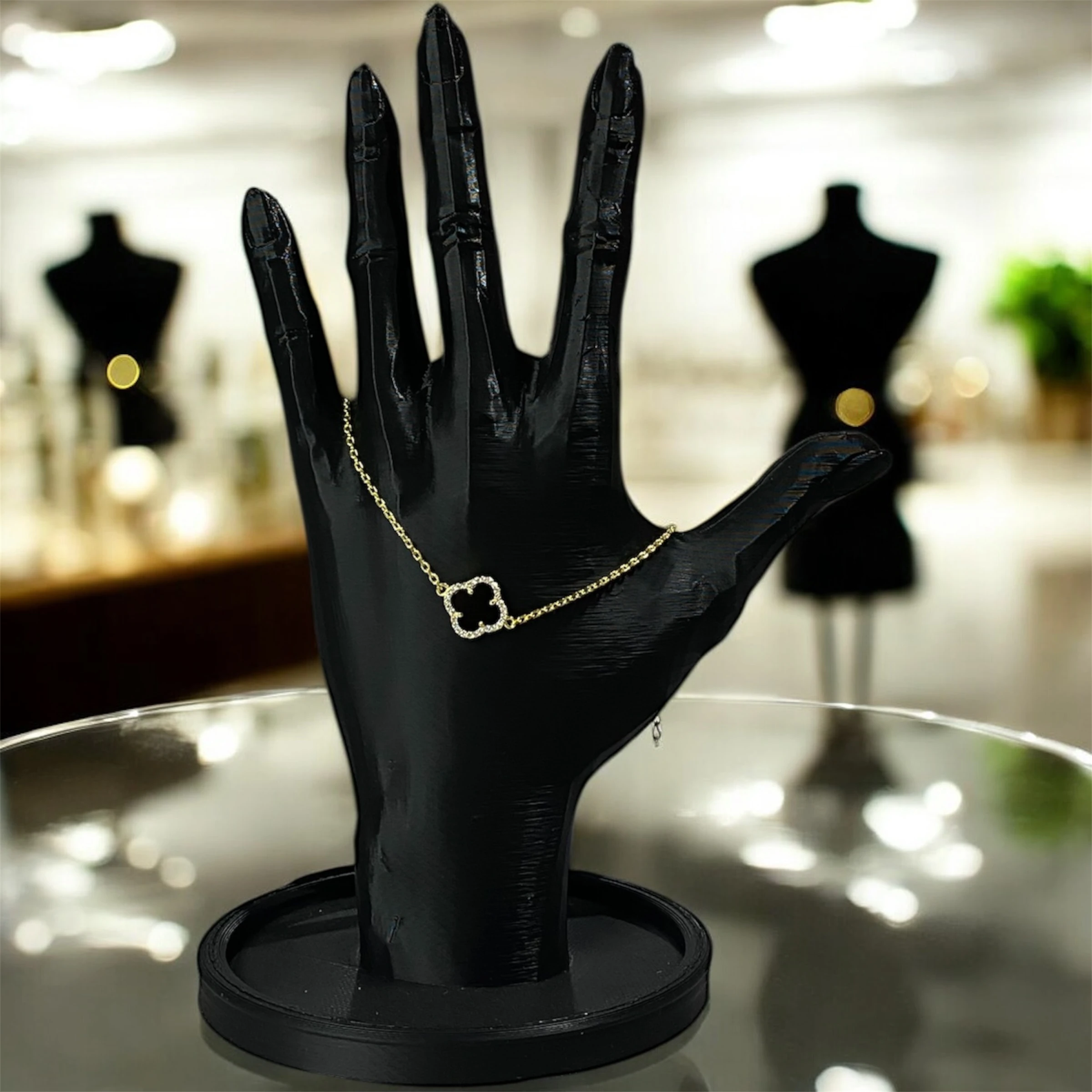 925 Ayar Gümüş Altın Kaplama Siyah Taşlı Şanslı Yonca Van Cleef Bileklik