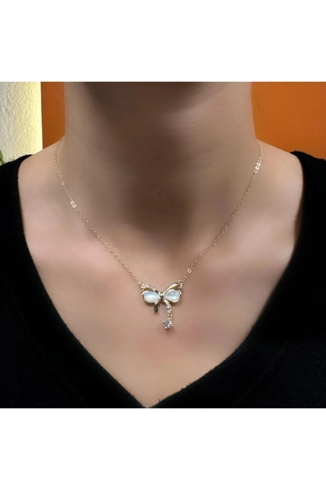 925 Ayar Gümüş Sarı Altın Kaplamala Sedef Taşlı Kurdele Hayalet Kolye