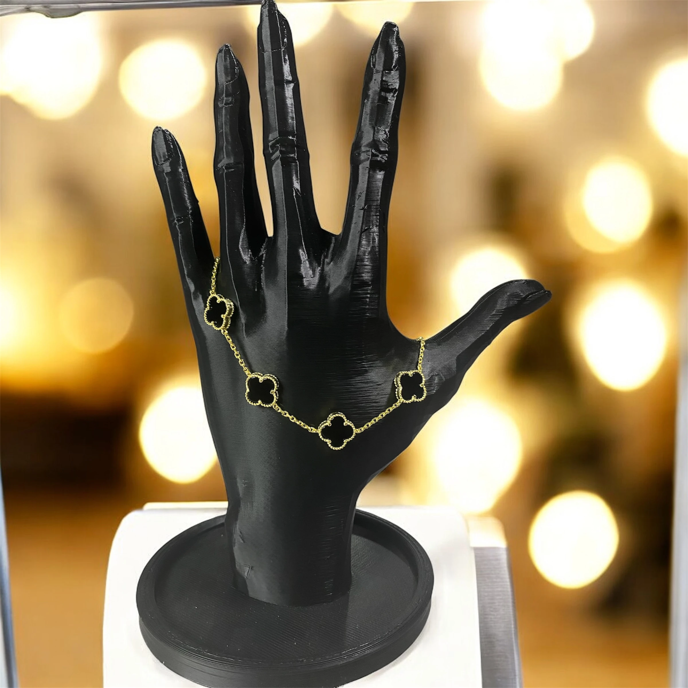 925 Ayar Gümüş Altın Kaplama Siyah Taşlı Şanslı Yonca Van Cleef Bileklik