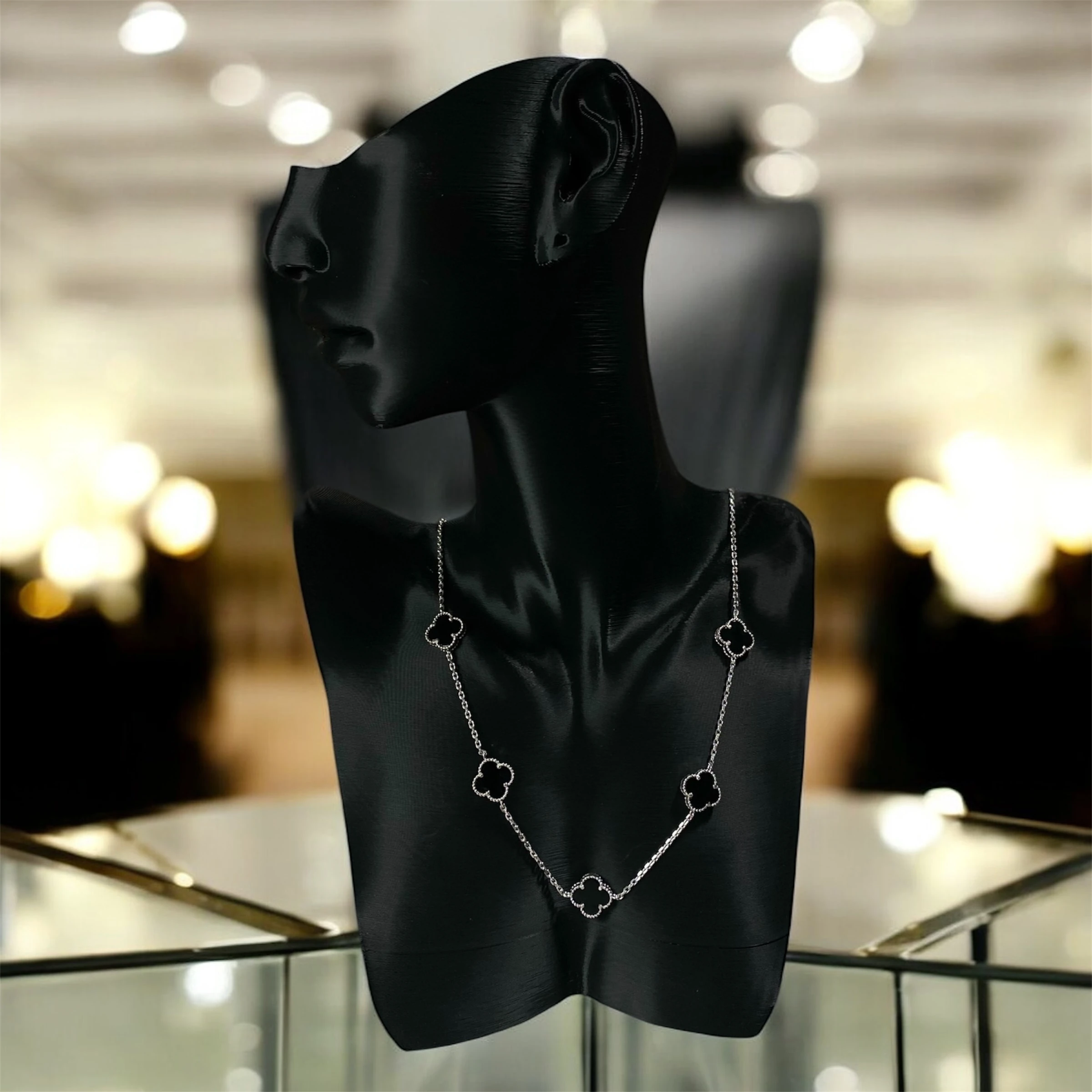 925 Ayar Gümüş Siyah Taşlı Şans Yoncası Van Cleef  Kolye Kadın Takı