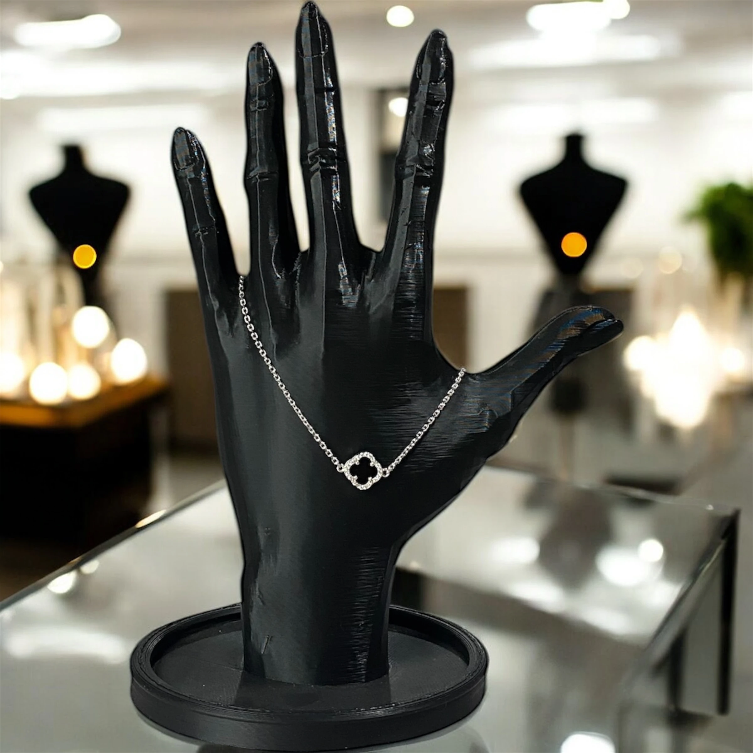 925 Ayar Gümüş Siyah Taşlı Şanslı Yonca Van Cleef Zirkon Taşlı Minimalist Bileklik