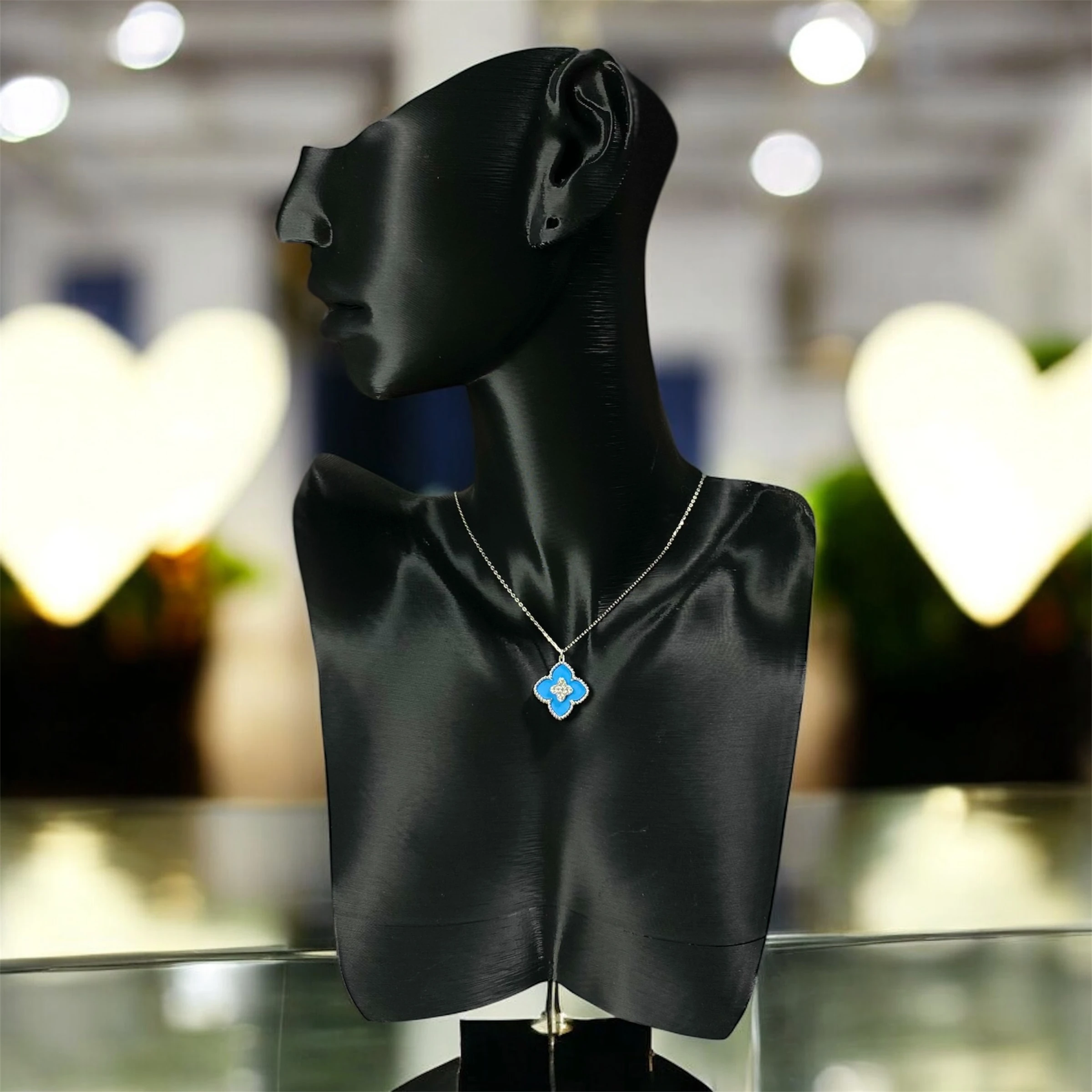 925 Ayar Gümüş Turkuaz Taşlı Şans Yoncası Van Cleef Zirkon Kolye Kadın Takı