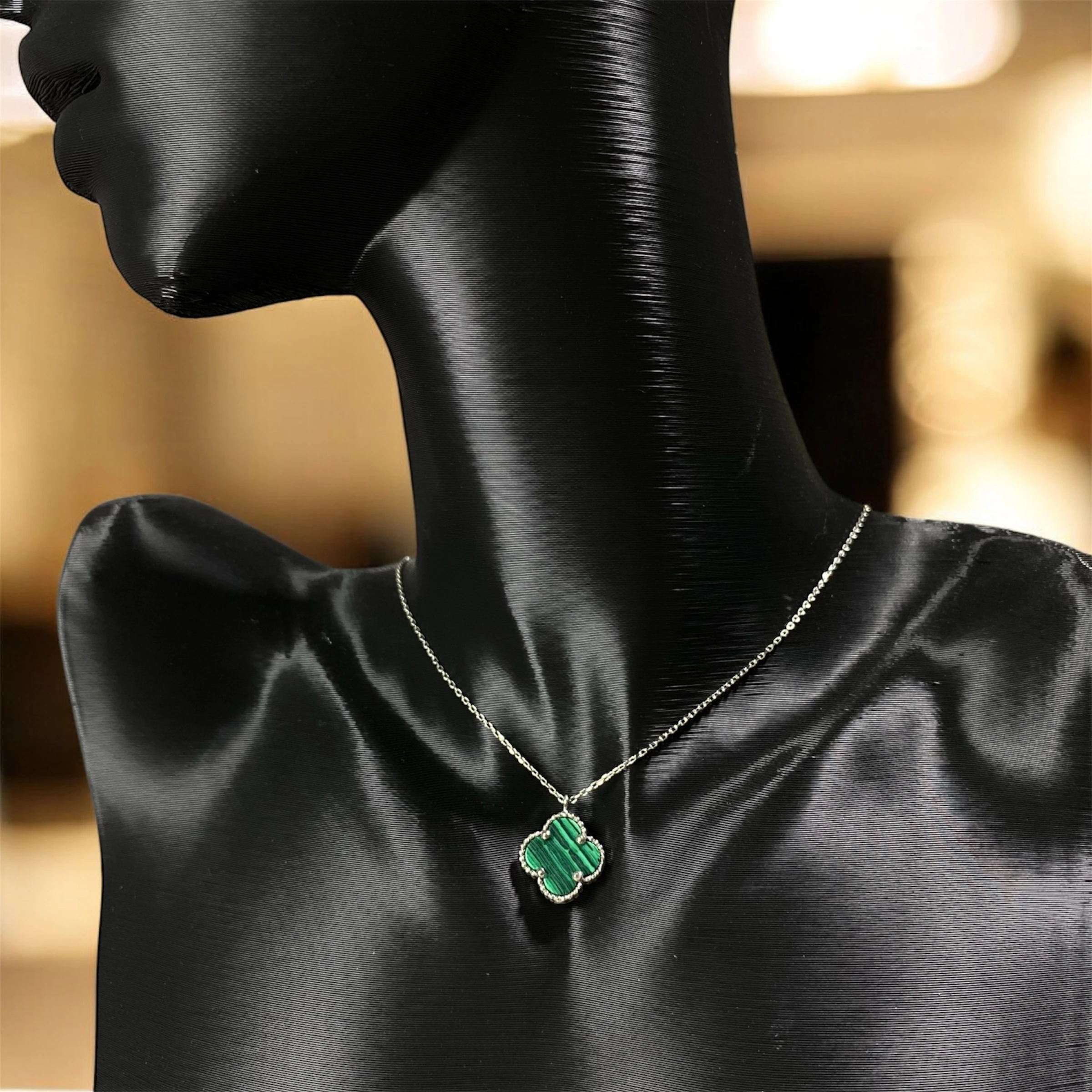 925 Ayar Gümüş Malakit Taşlı Şans Yoncası Van Cleef  Kolye Kadın Takı