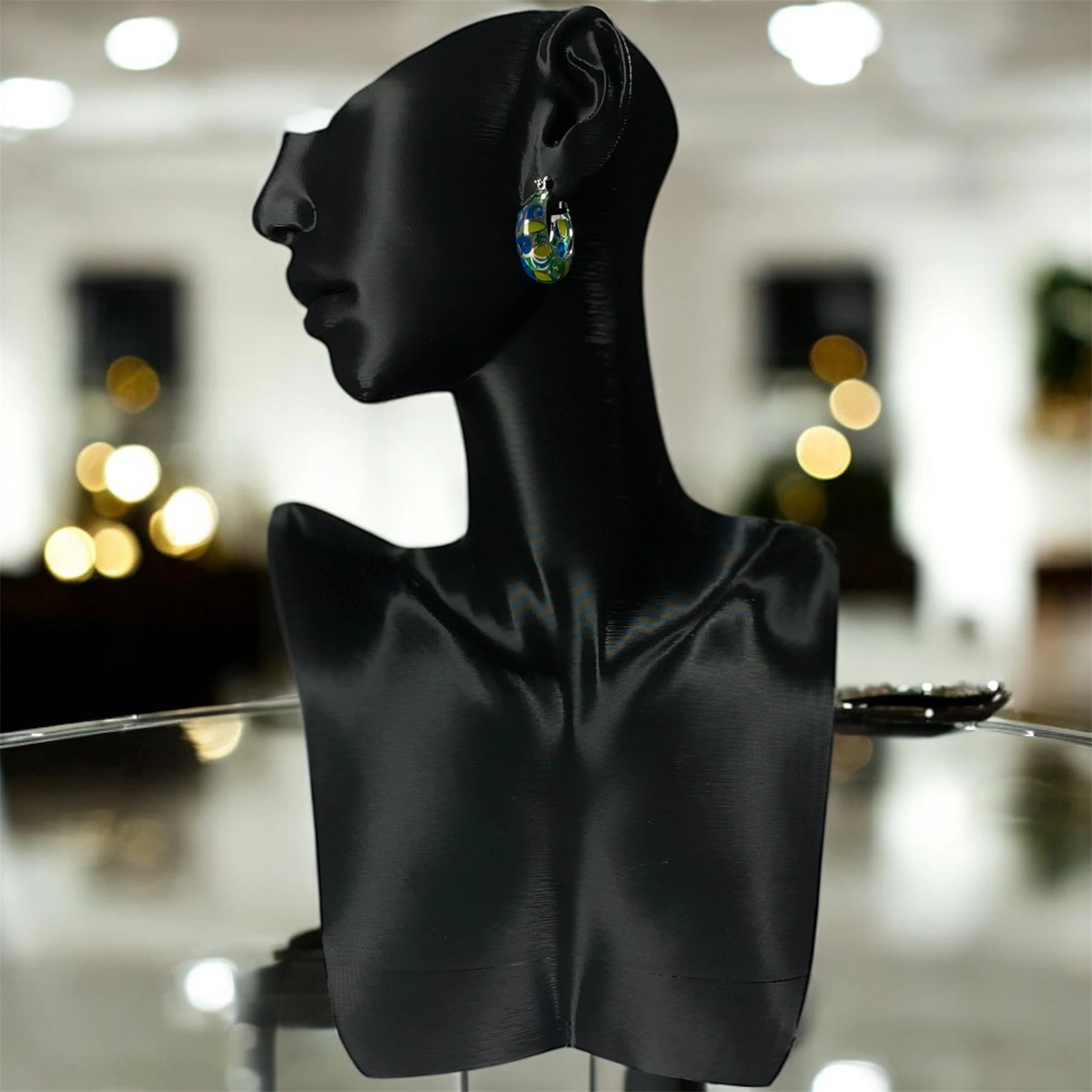 925 Ayar Gümüş Mavi, Yeşil, Sarı Renk Detaylı Halka Küpe