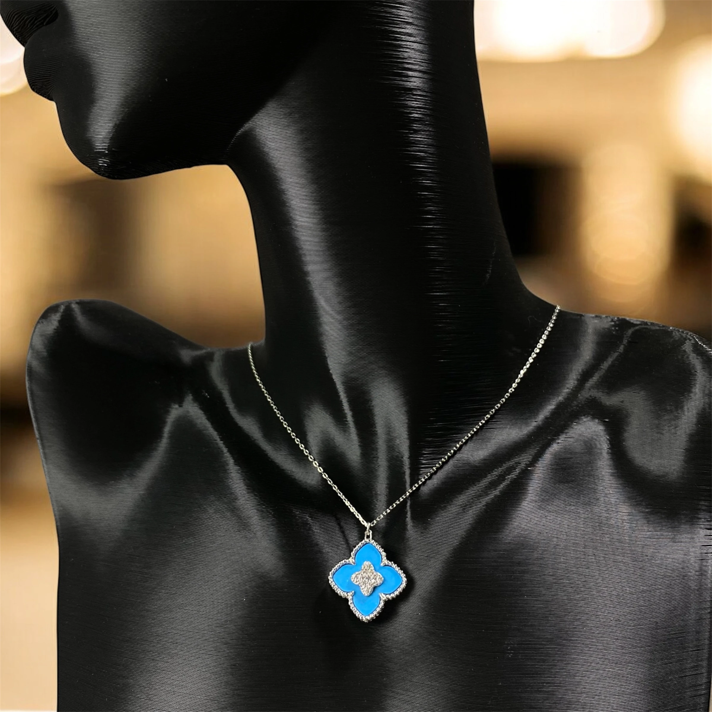 925 Ayar Gümüş Turkuaz Taşlı Şans Yoncası Van Cleef Zirkon Kolye Kadın Takı