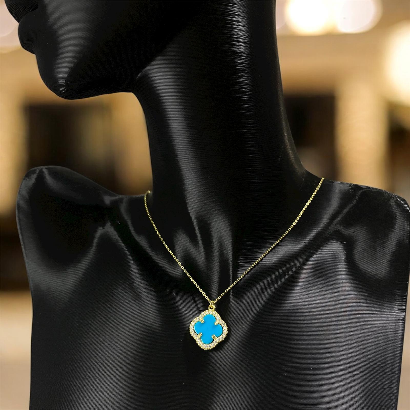 925 Ayar Gümüş Altın Kaplama Gökyüzü Yoncası Van Cleef Zirkon Taşlı Kolye Kadın Takı