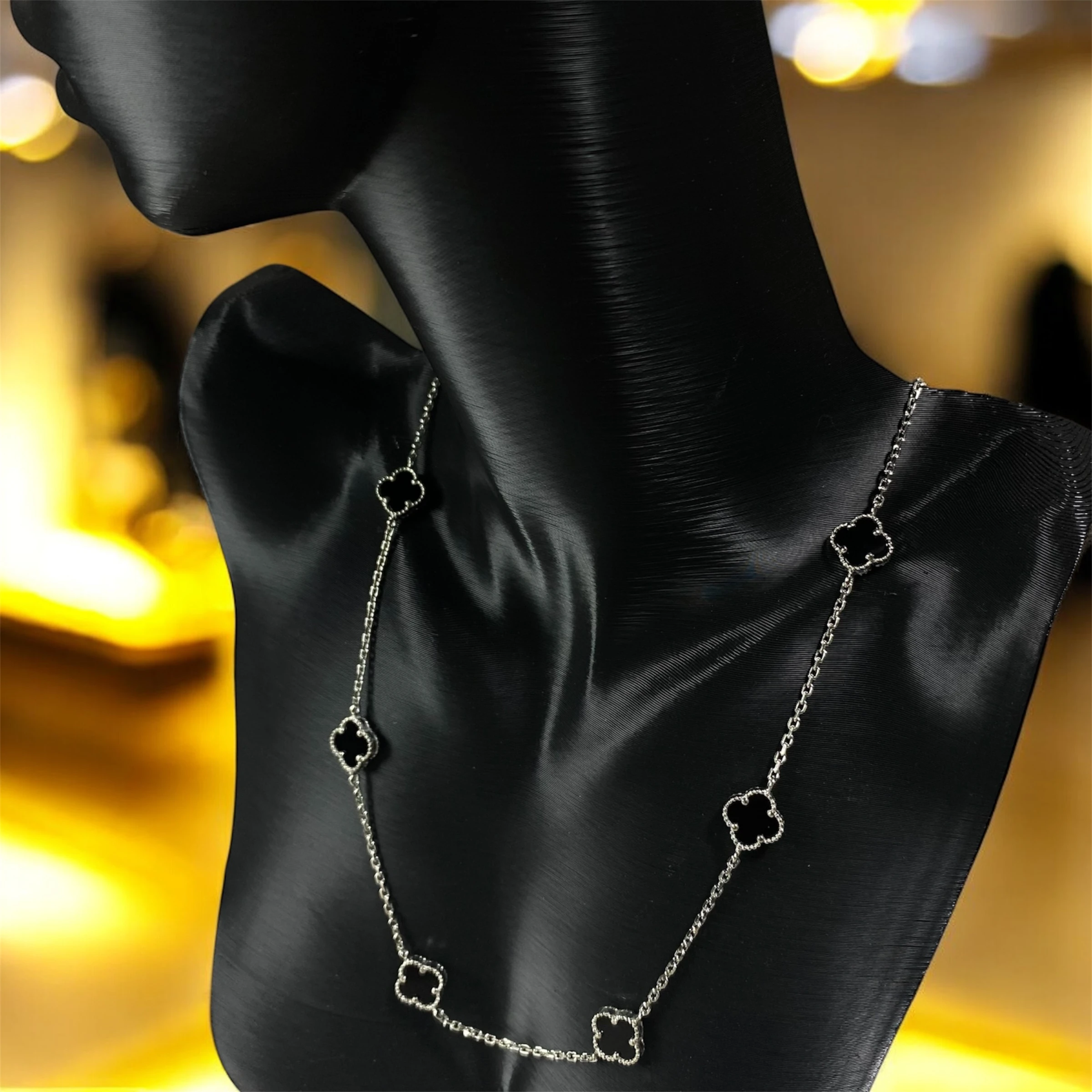 925 Ayar Gümüş Siyah Taşlı Şans Yoncası Van Cleef  Kolye Kadın Takı