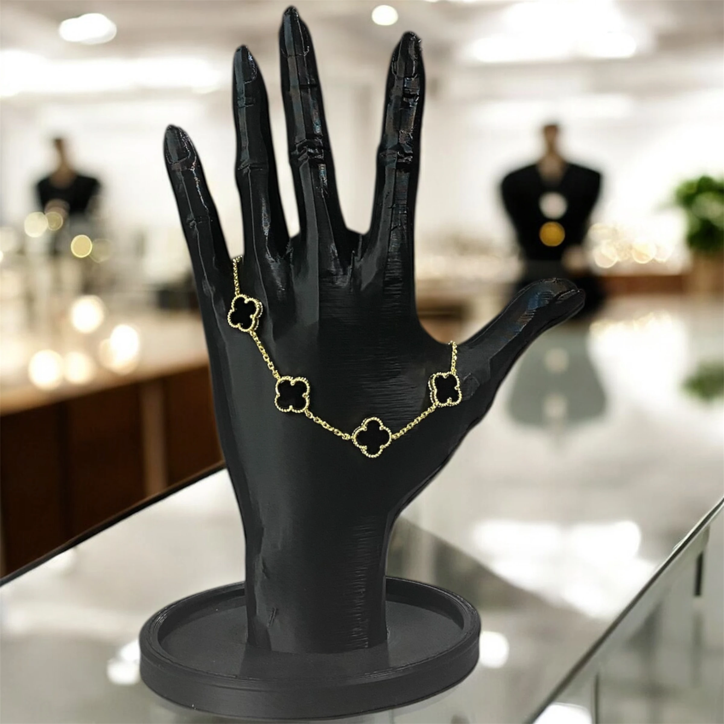 925 Ayar Gümüş Altın Kaplama Siyah Taşlı Şanslı Yonca Van Cleef Bileklik