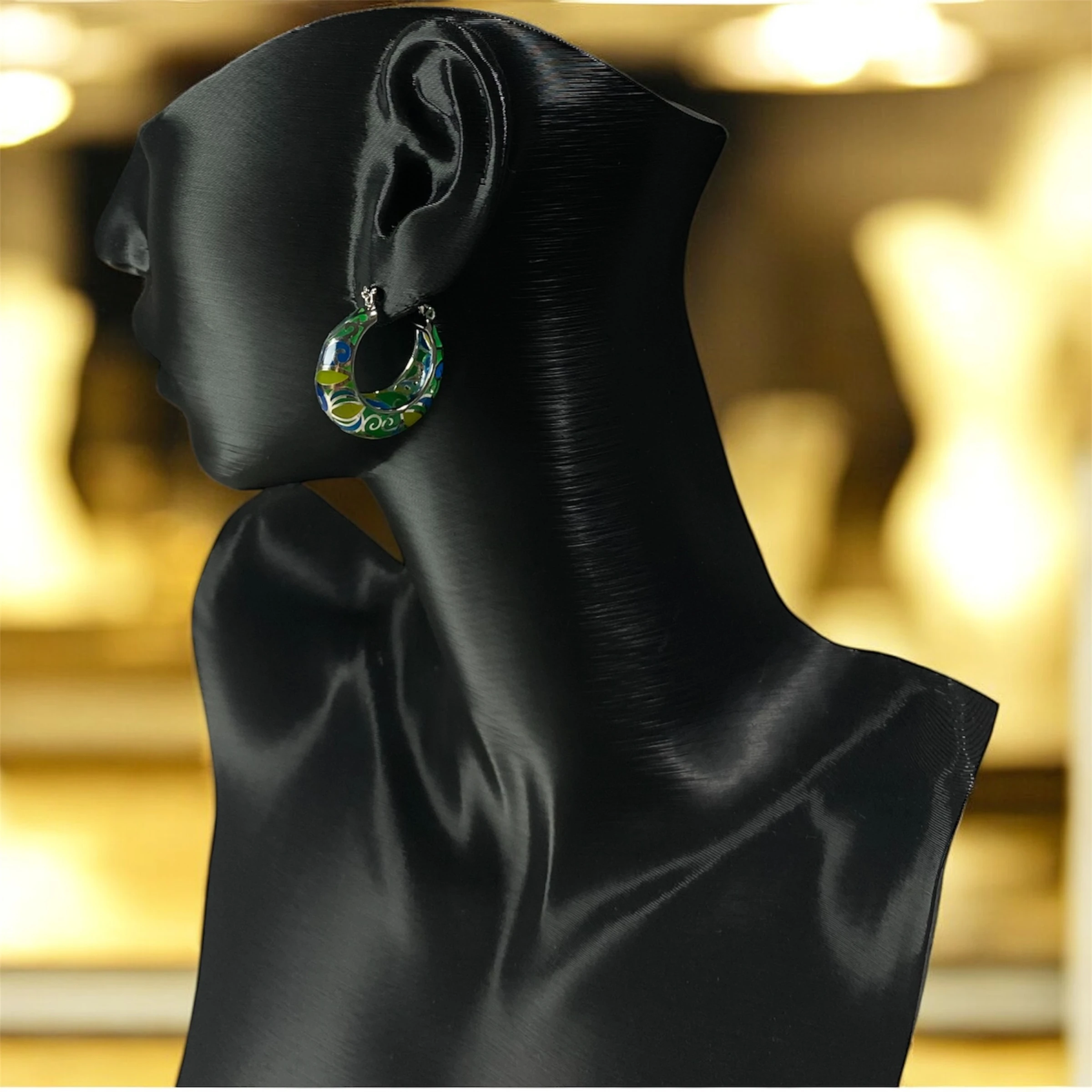 925 Ayar Gümüş Mavi, Yeşil, Sarı Renk Detaylı Halka Küpe