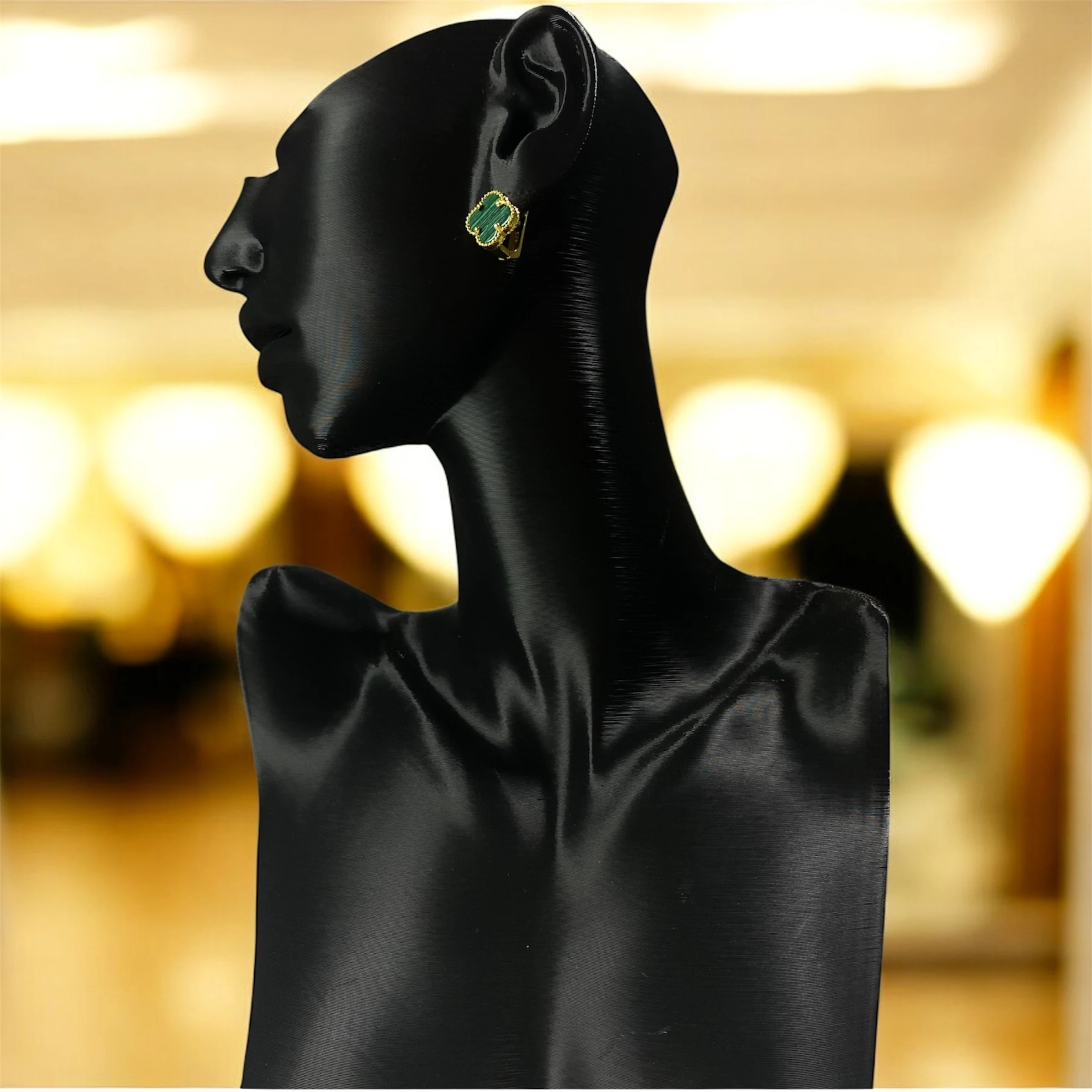 925 Ayar Gümüş Altın Kaplama Malahit Taşlı Şanslı Yonca Van Cleef Küpe